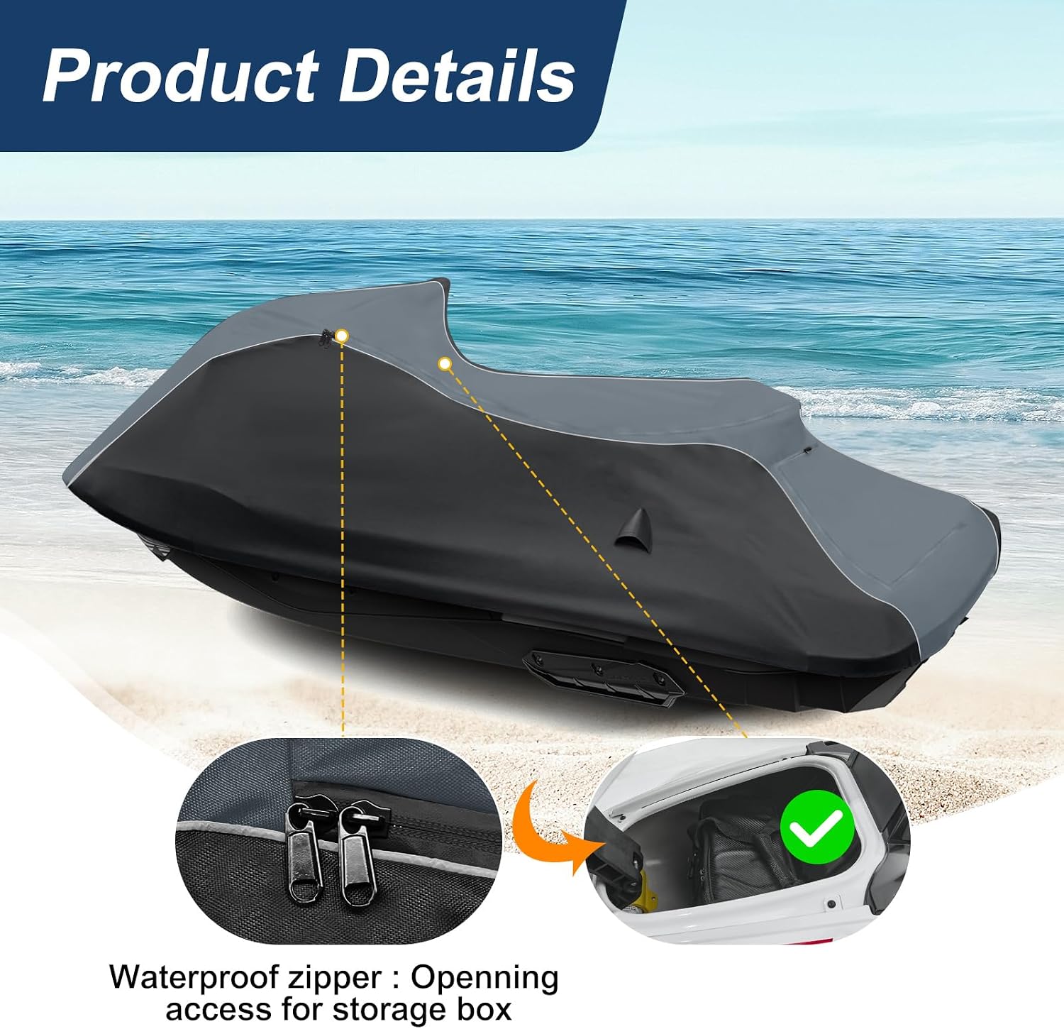 QUNSUNUS Jet Ski Cover for Sea Doo Spark 3up/Trixx 3up 2014-2025, Waterproof Covers with Zipper, All Weather Seadoo Cover with Elastic Edge for Wind, Sun, UV and Dust Protection