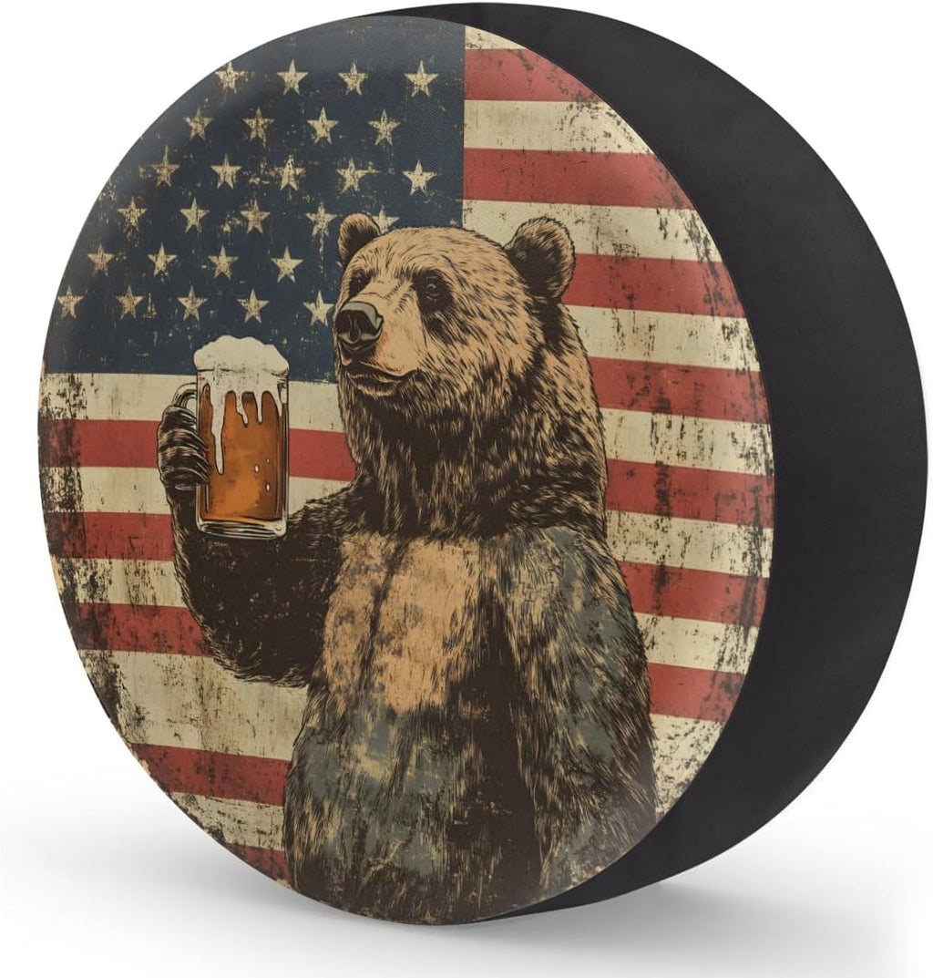 Spare Tire Cover Bear American Flag Wheel Covers Protectors Waterproof Dust-Proof Universal Fit Trailer, RV, SUV and Many Vehicle (15" for tire Diameter 27.55"-29.13")