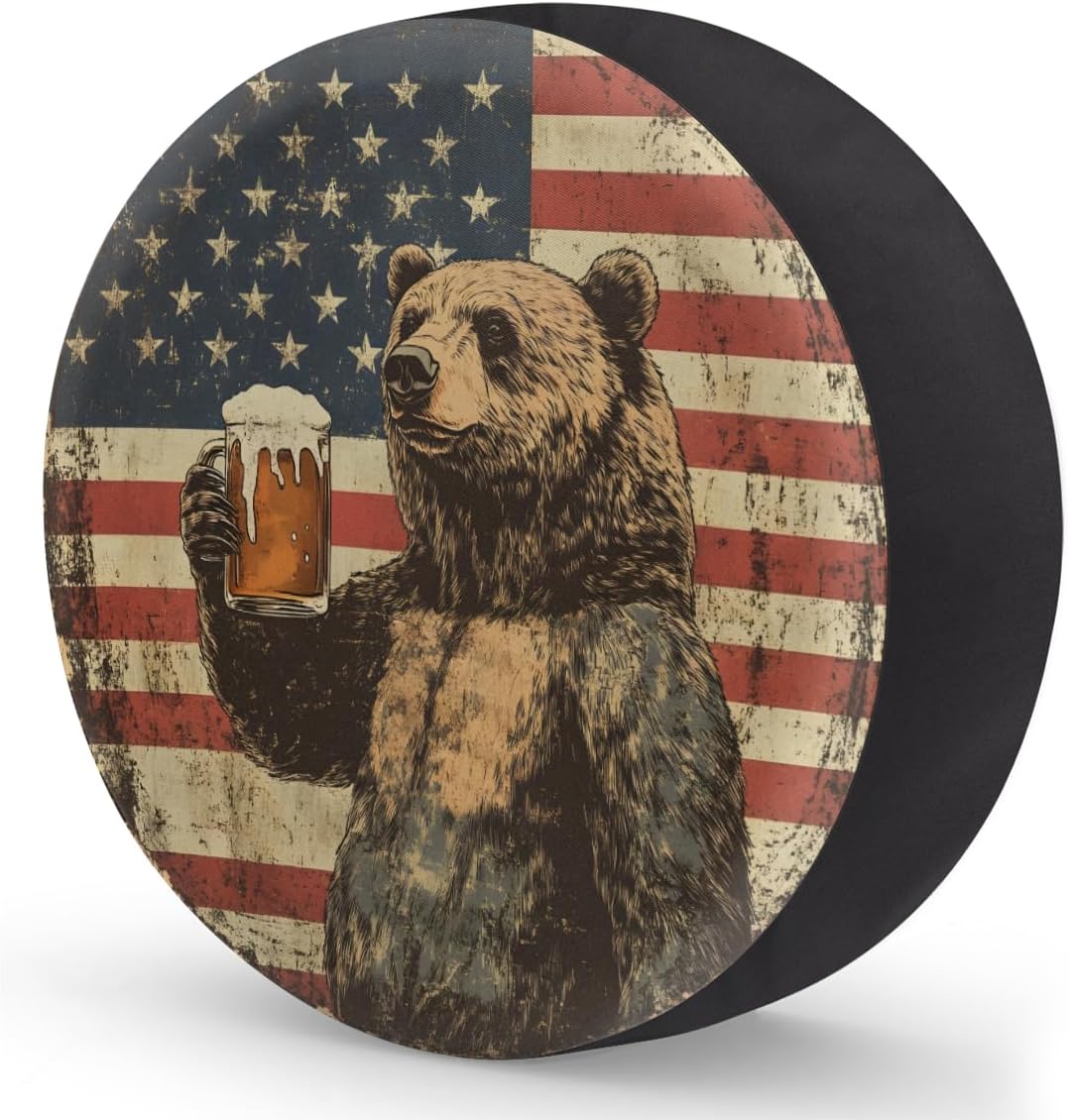 Spare Tire Cover Bear American Flag Wheel Covers Protectors Waterproof Dust-Proof Universal Fit Trailer, RV, SUV and Many Vehicle (15" for tire Diameter 27.55"-29.13")
