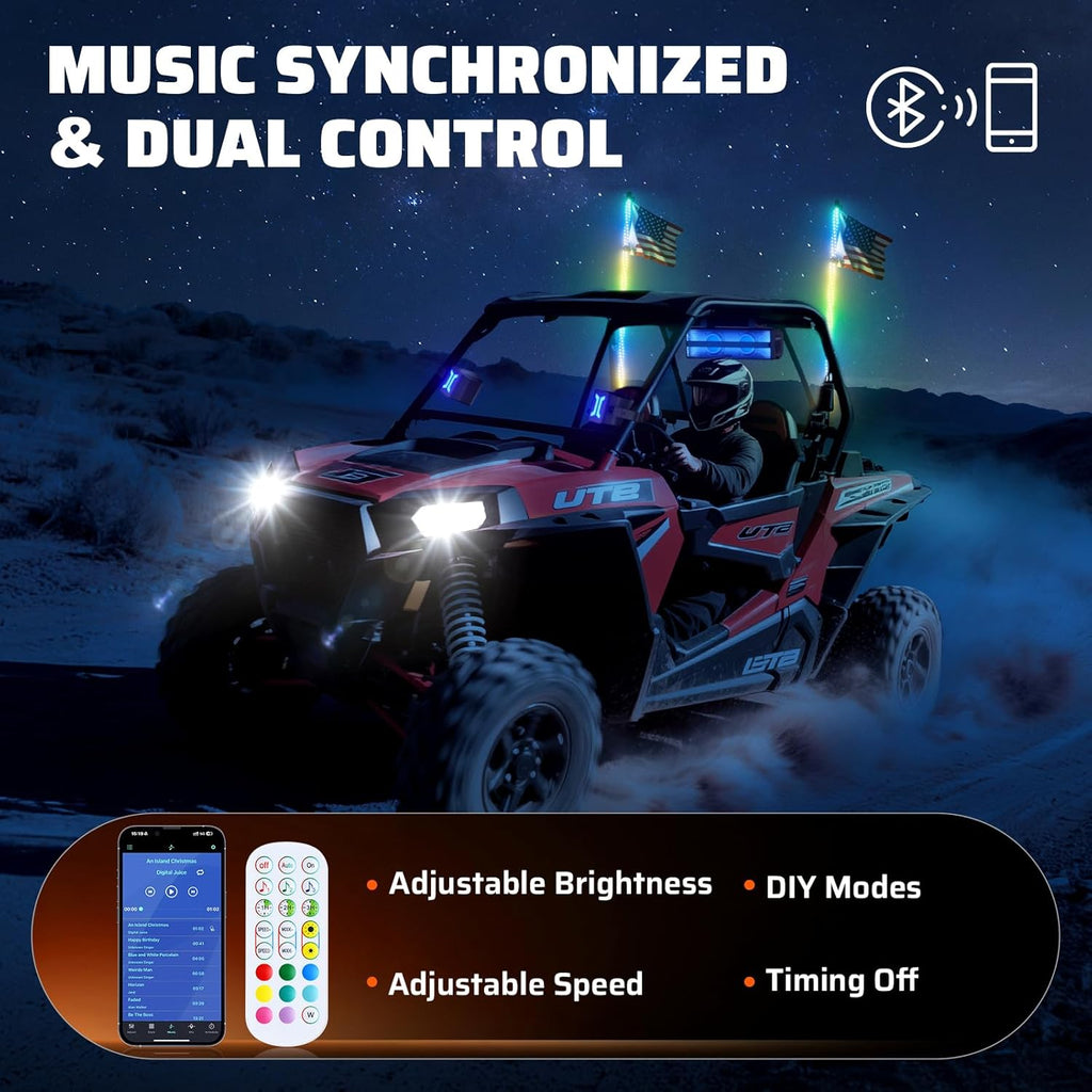 Ehaho 2 PCS 3FT Whip Lights with Spring Base, APP & Remote Control Led Whip Lights for Side by Side, Spiral RGB Chasing Lighted Whips with Rocker Switch, Music Led Whips for UTV ATV RZR SXS Can-Am
