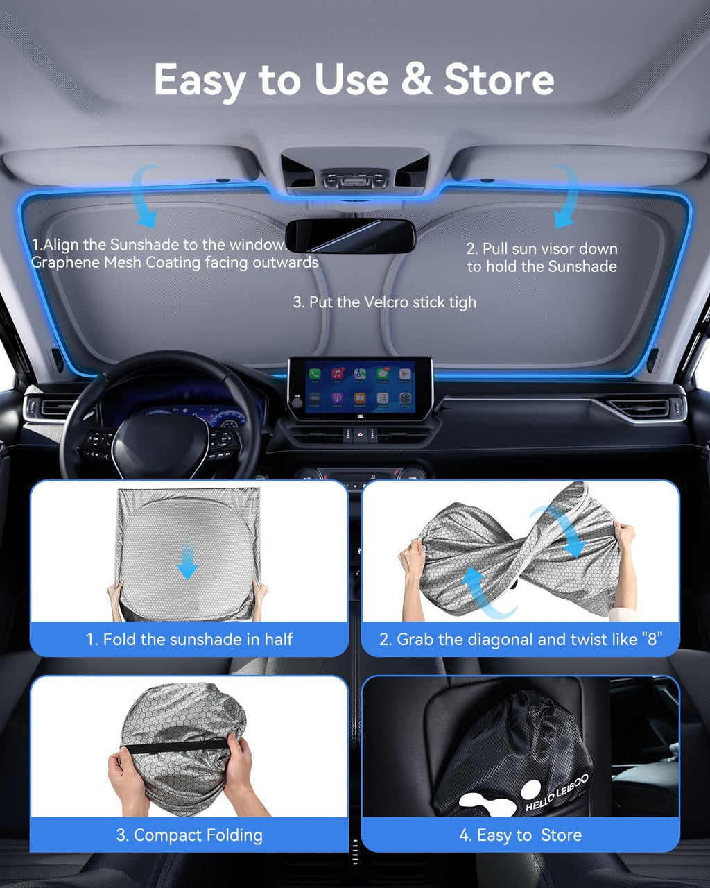 helloleiboo Graphene Windshield Sun Shade for SUVs and Most Mid-Size Sedans, 99% UV Blocking, Dual-Layer Honeycomb Heat Shield, Keeps Interior Cooler, Foldable