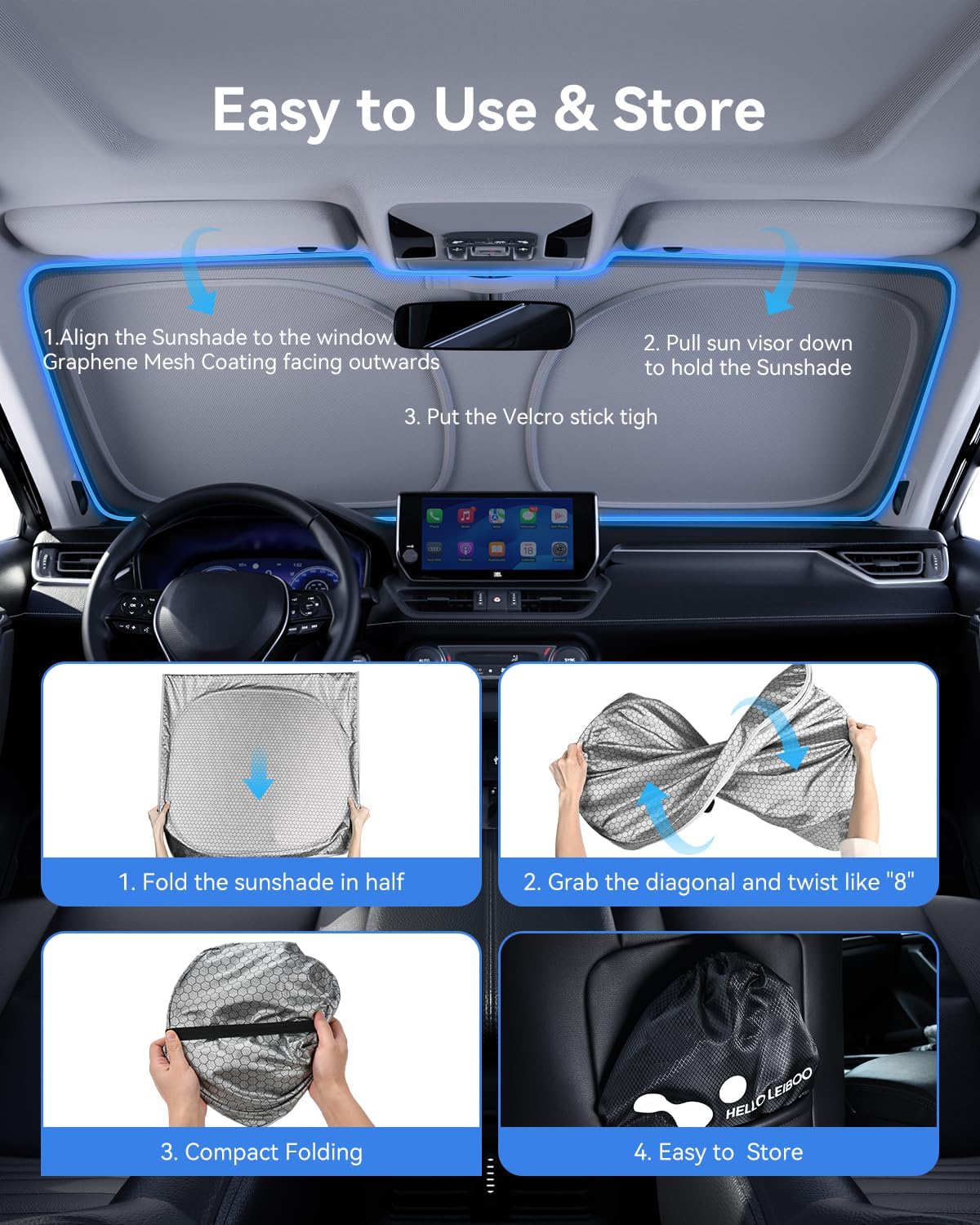 helloleiboo Graphene Windshield Sun Shade for SUVs and Most Mid-Size Sedans, 99% UV Blocking, Dual-Layer Honeycomb Heat Shield, Keeps Interior Cooler, Foldable