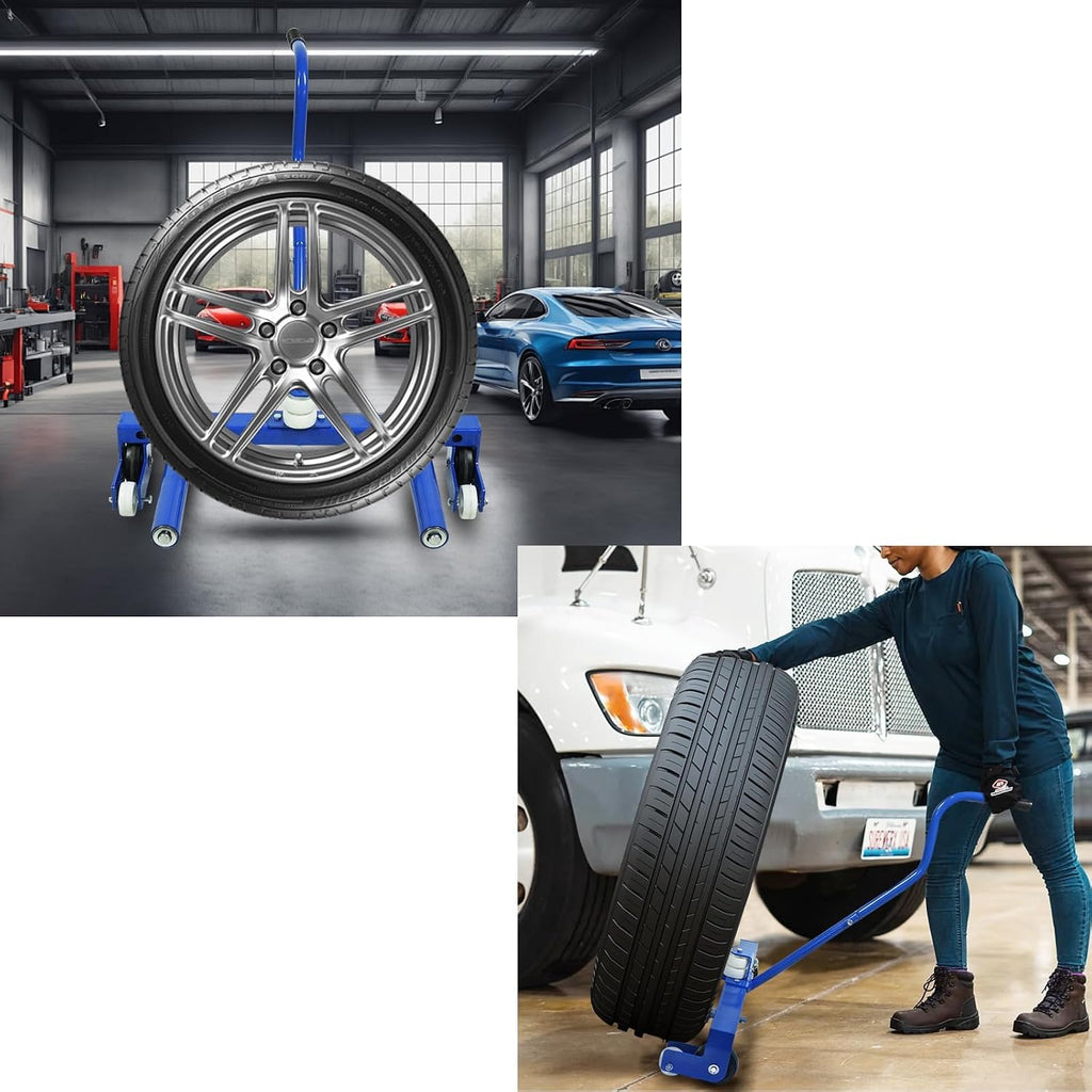Heavy-Duty Adjustable Tire Dolly Cart, 500 lbs Capacity Tire Moving Tool with 360° Swivel Casters for Garage, Workshop, Auto Repair, Blue