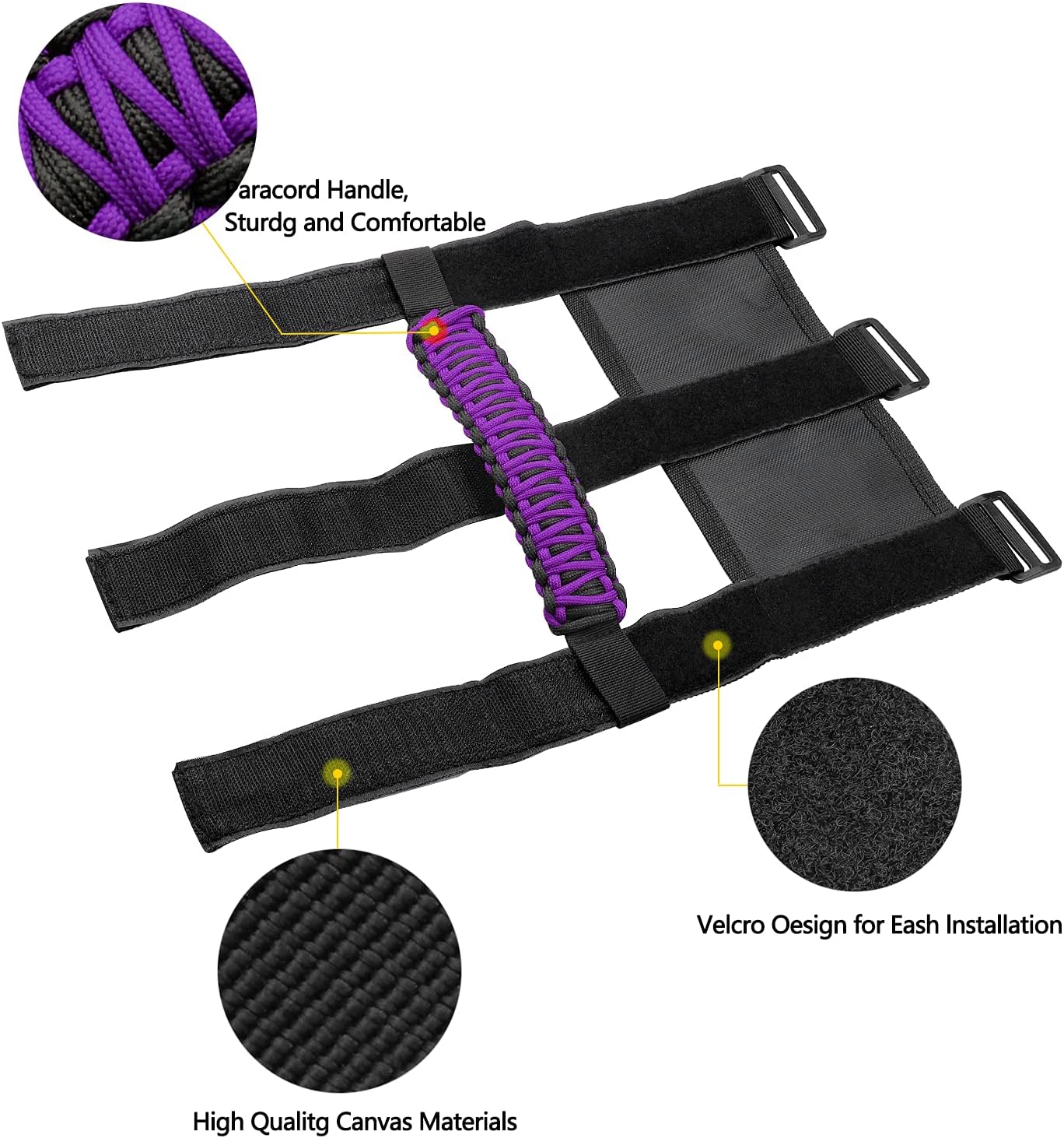 Kujunpao4 X Roll Bar Grab Handles Grip Handle Compatible with Jeep Wrangler JLU JK JKU TJ YJ LJ JT JL & Gladiator JT 1987-2021 UTV & ATV, Fits 1.5 to 3 Inch Bars 3 Straps Woven Holder(Purple)