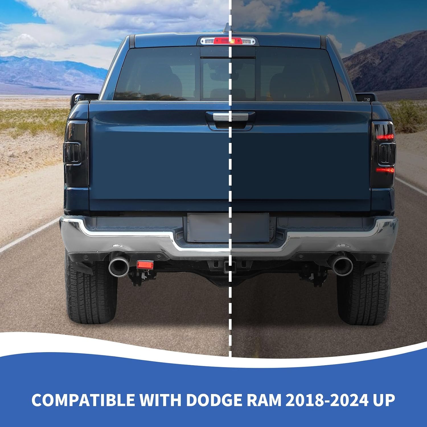 RAZPOY for RAM Tail Light Cover, Smoked Rear Light Lamp Guards Trim Compatible with Dodge RAM 2019-2024, Smoke Black (With Blind Spot Monitoring Sensors)