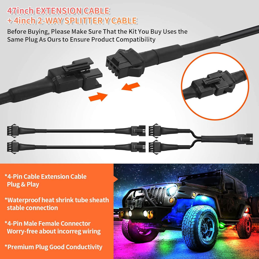 4pcs 47 inch 4-pin RGB Motorcycle Cars Extension Cords and 2pcs 2-Way Splitters Underglow Led Rockmulti-Color Neon Lights Strip Fit for Motorcycles Golf Truck Carts ATV Car
