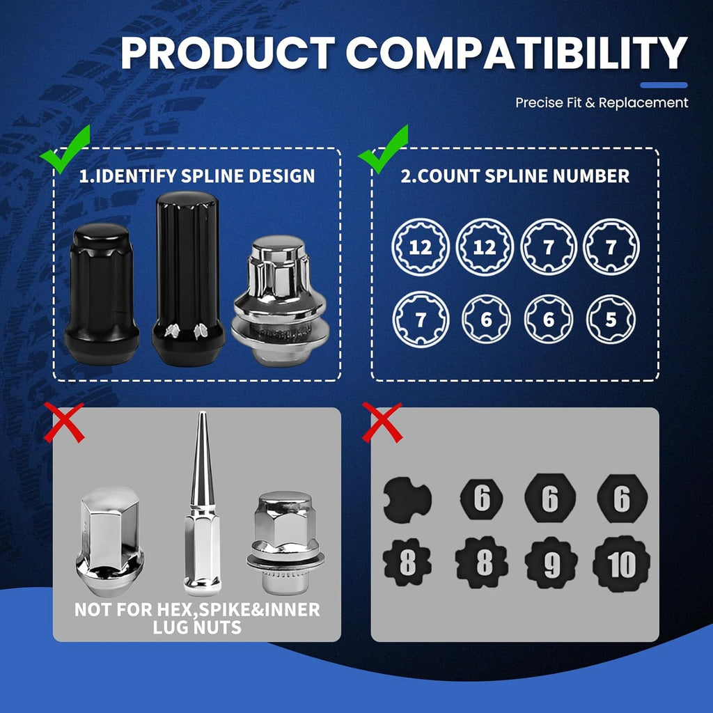 8PCS Spline Lug Nut Socket Set, CR-MO Universal Wheel Lock Removal Tool & Master Key Kit for Automotive Locking Lug Nuts, 5/6/7/12 Spline