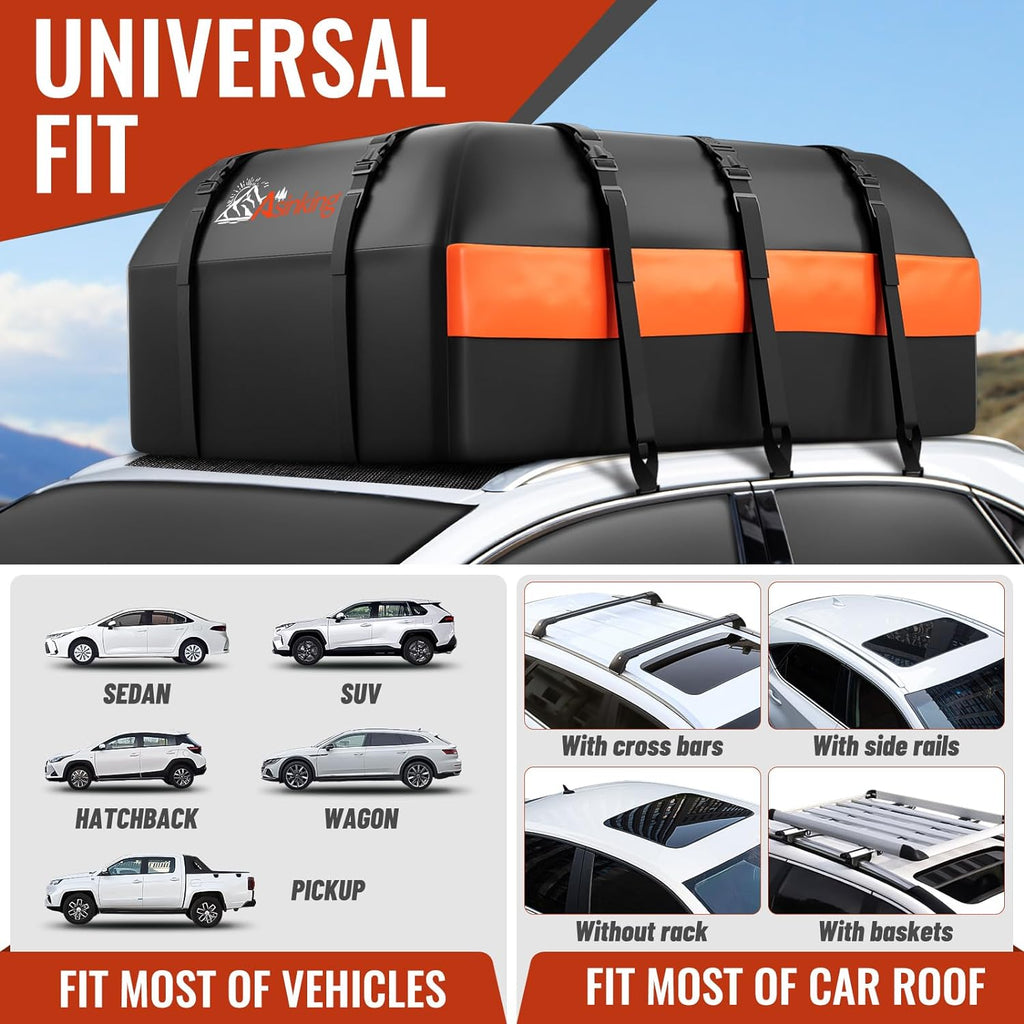 Car Rooftop Cargo Carrier Bag, Asinking 22 Cubic Feet Waterproof Tear-Resistant Car Roof Bag for All Vehicle with/Without Racks - Non-Slip Mat, 6 Door Hooks, 2 Extra Straps, Luggage Lock