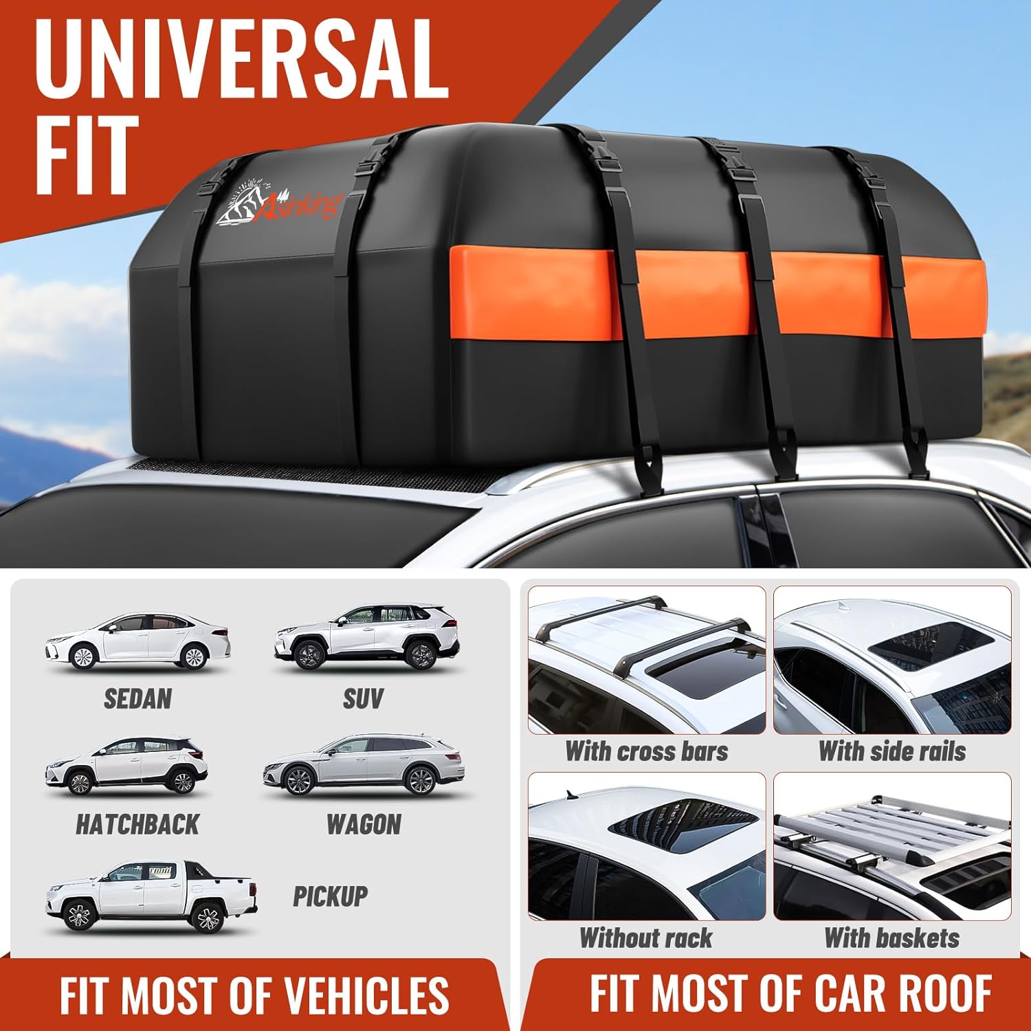 Car Rooftop Cargo Carrier Bag, Asinking 22 Cubic Feet Waterproof Tear-Resistant Car Roof Bag for All Vehicle with/Without Racks - Non-Slip Mat, 6 Door Hooks, 2 Extra Straps, Luggage Lock