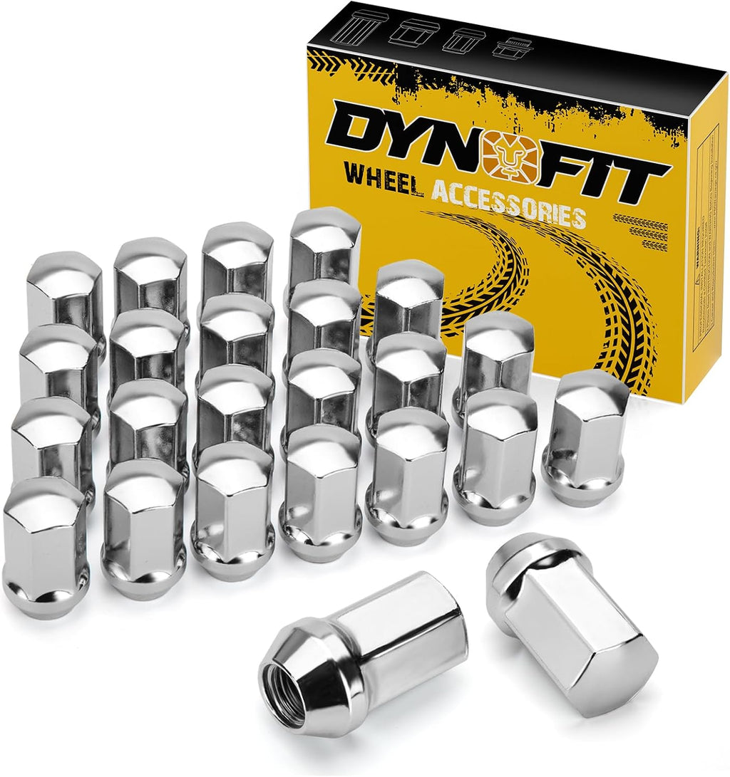 dynofit 24pcs 14x1.5 OEM Lug Nuts Compatible with Chevy Ford Ram GMC,1.75 inch Height 7/8" Hex(22mm), One-Piece Design Factory Chrome Wheel Nuts for Silverado 1500 Tahoe F150 Buick Dodge Cadillac