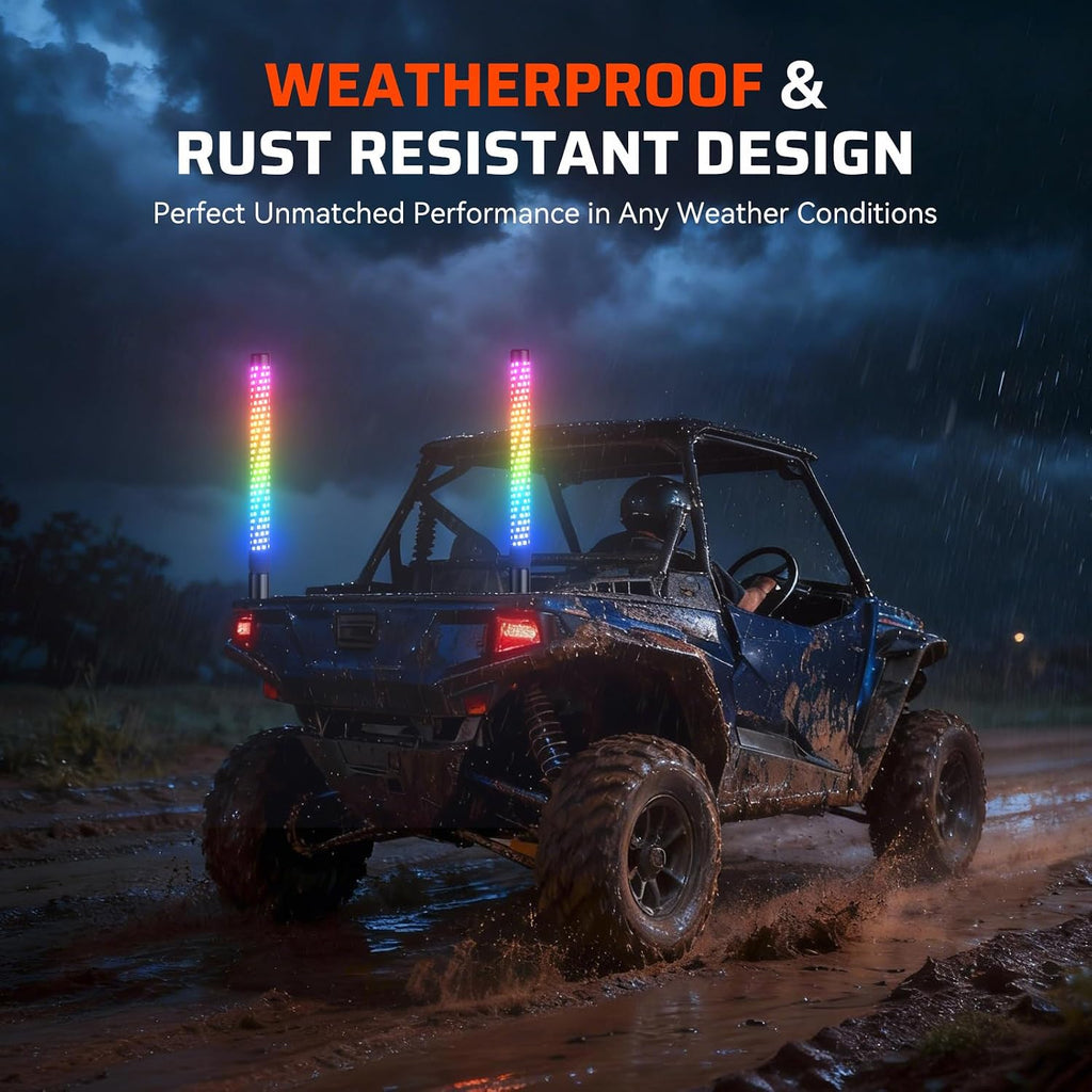 Ehaho 2PCS 2FT Fat Whip Lights for UTV ATV, Led Fatty Whip Light W/Rocker Switch & 6 Flags, Brighter Spiral Chasing Lighted Antenna Whip with APP & Remote Control for RZR SXS Can-Am X3 Off-Road