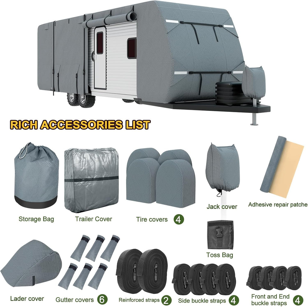 Mofeez Travel Trailer RV Cover, Extra-Thick Upgraded 7 Layers for Camper Cover 24'-27' Windproof Waterproof Rip-Stop RV Covers with Adhesive Repair Patches, 2Pcs Extra Straps & 4 Tire Covers