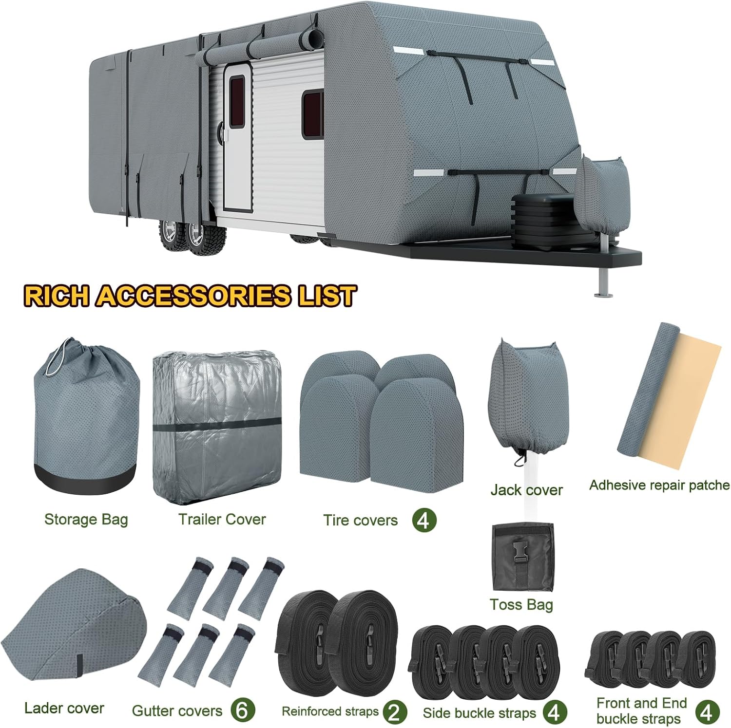Mofeez Travel Trailer RV Cover, Extra-Thick Upgraded 7 Layers for Camper Cover 24'-27' Windproof Waterproof Rip-Stop RV Covers with Adhesive Repair Patches, 2Pcs Extra Straps & 4 Tire Covers