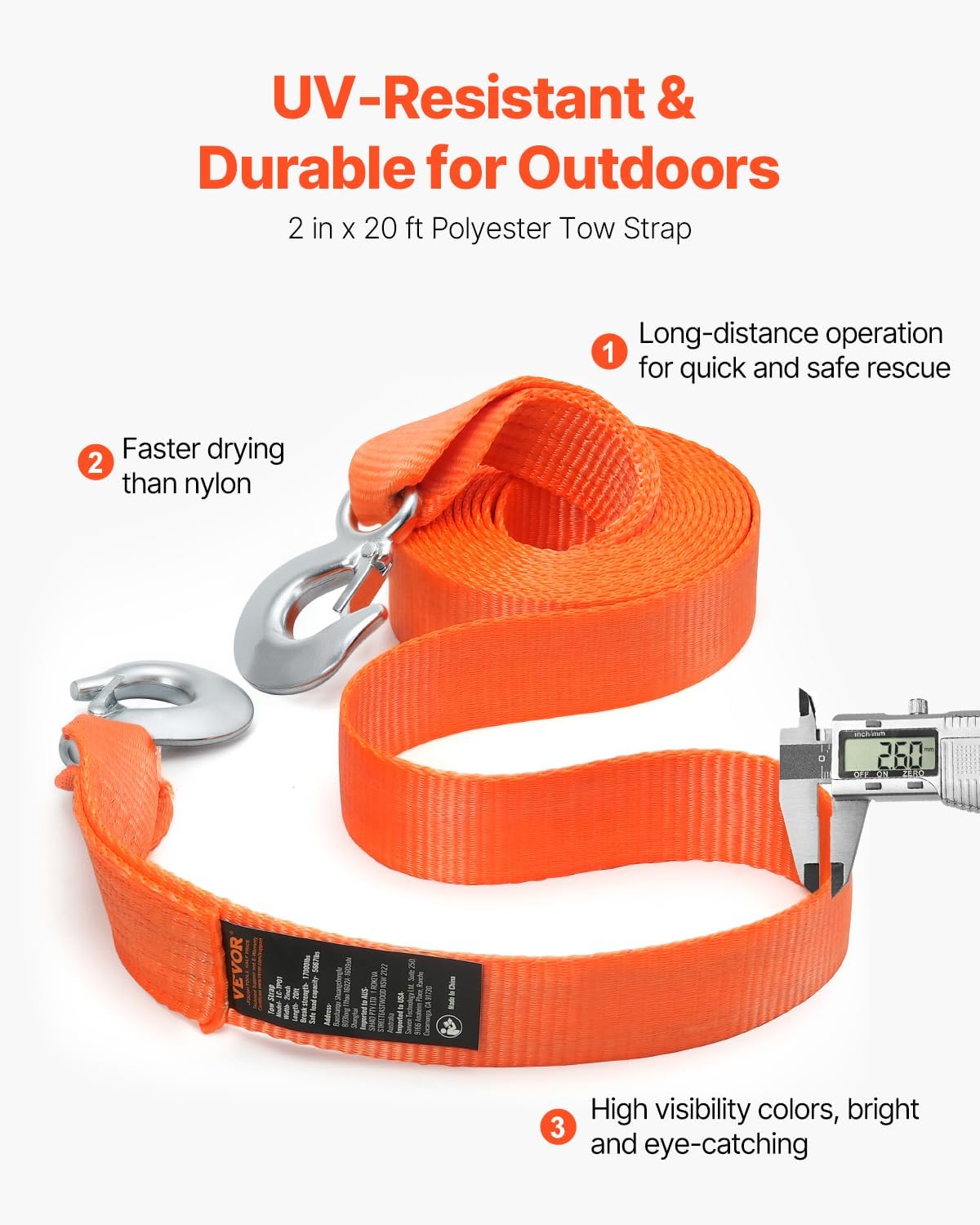 VEVOR ATV Tow Strap with Hooks, 2-inch x 20-Foot, 17000 lbs Capacity, Durable Recovery Rope with Security Hooks for Trucks and Vehicles, Essential Towing Accessory for Roadside Assistance
