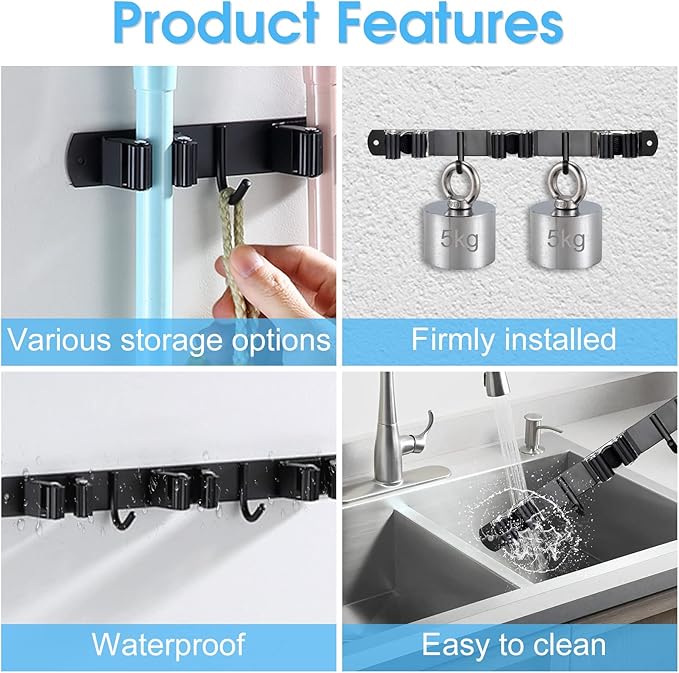 Huryfox Heavy-Duty Stainless Steel Broom Holder, Wall Mount, 1-4 cm Diameter - Image 4