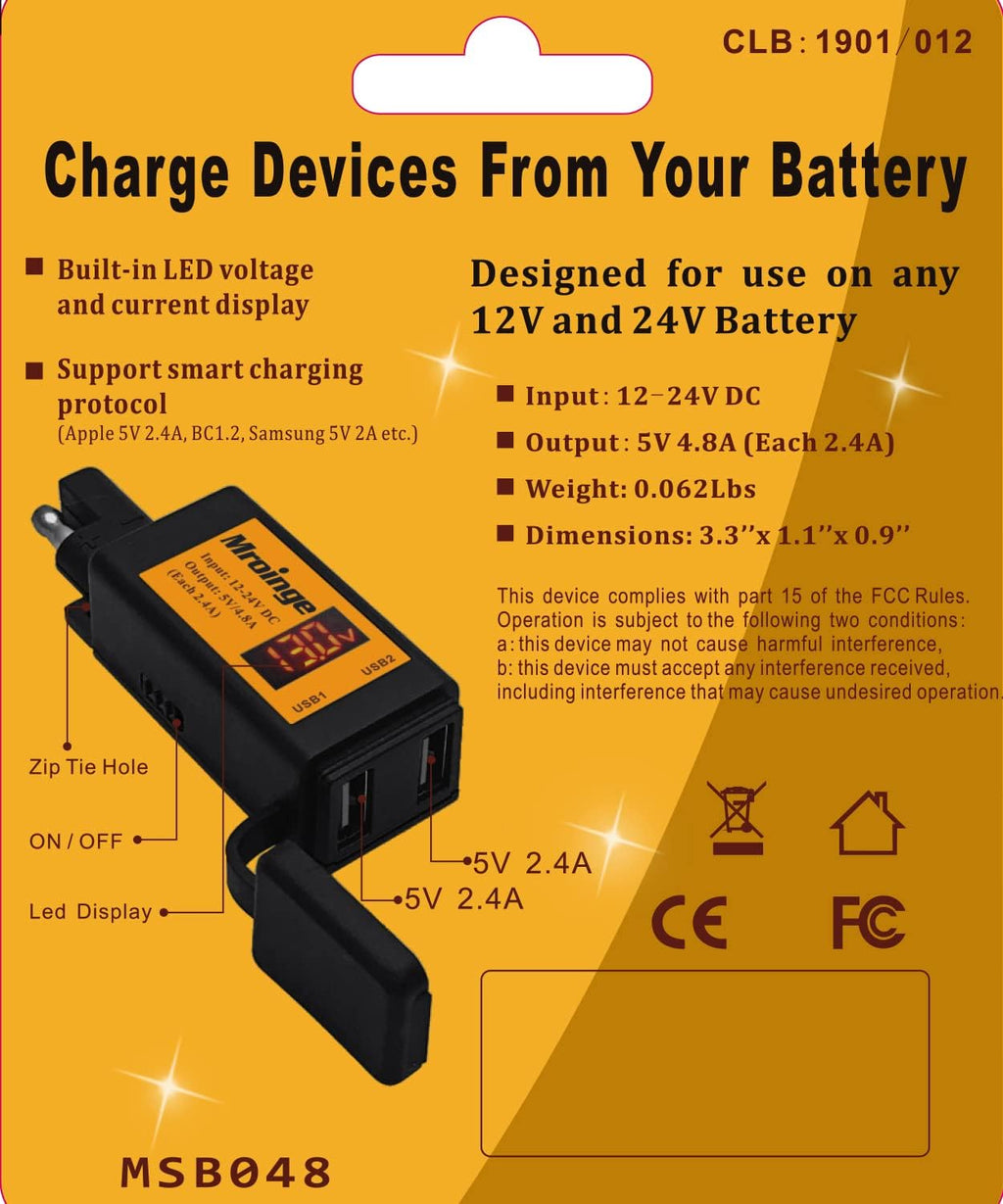 Motorcycle USB Charger, Mroinge 4.8A SAE to USB Adapter with Voltmeter & Ammeter, Quick Disconnect Plug with Dual USB Charger Perfect for Smart Device Charging, with ON/Off Switch