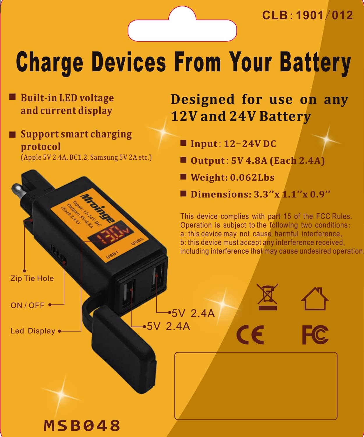 Motorcycle USB Charger, Mroinge 4.8A SAE to USB Adapter with Voltmeter & Ammeter, Quick Disconnect Plug with Dual USB Charger Perfect for Smart Device Charging, with ON/Off Switch