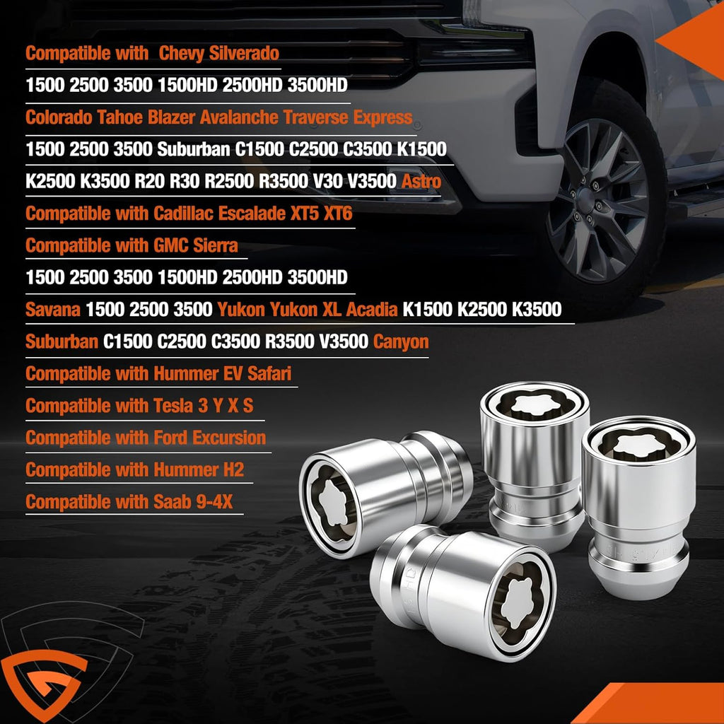 Wheel Lock Lug Nut M14x1.5, Anti Theft Wheel Lock Set fits for Chevy Silverado 1500 Tahoe Suburban Traverse Blazer Express, for GMC Sierra Yukon XL Canyon Acadia, for Cadillac Escalade, Set of 5