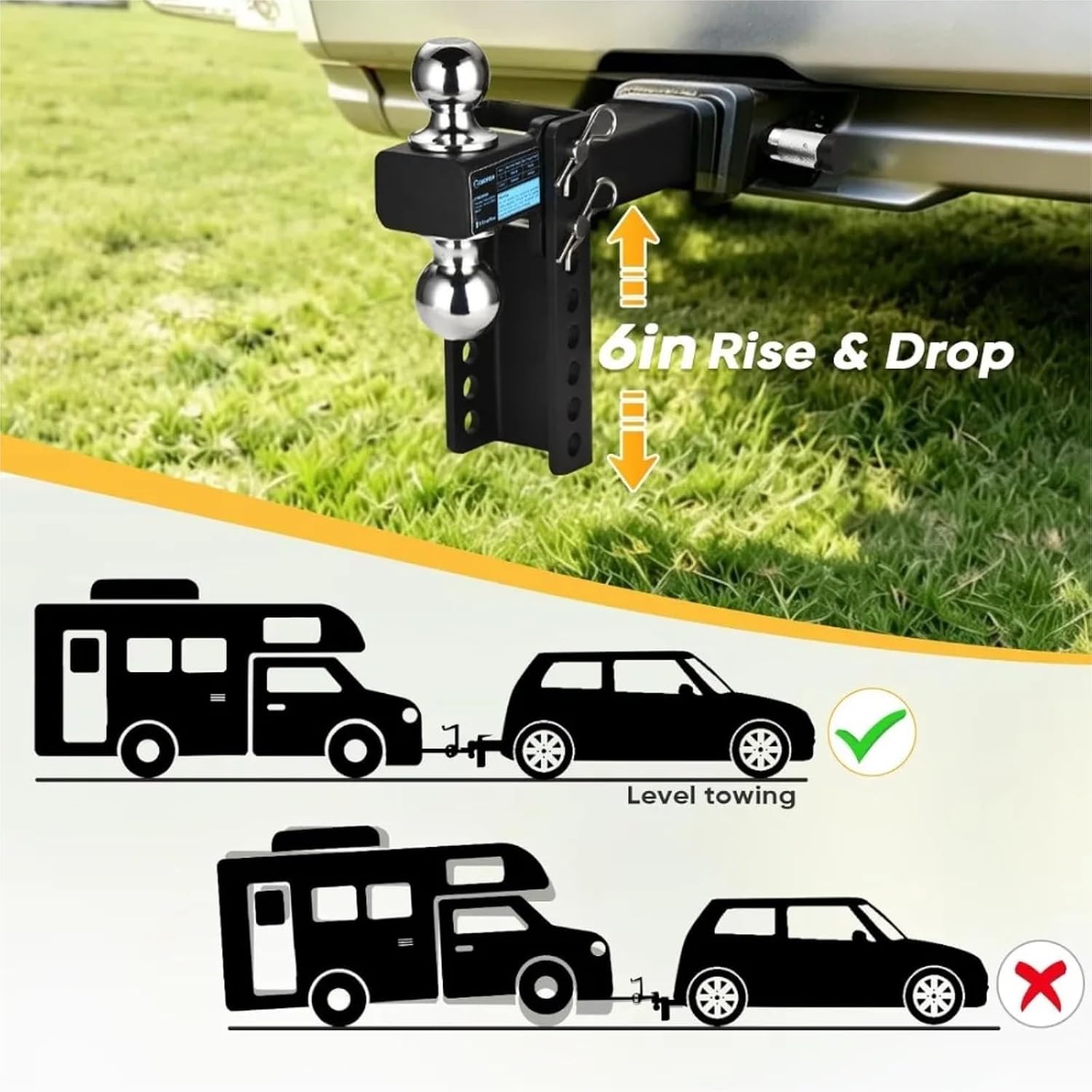 Adjustable 2" Trailer Hitch 6" Drop/Rise Dual-Ball 12,000 Lbs GTW Locks