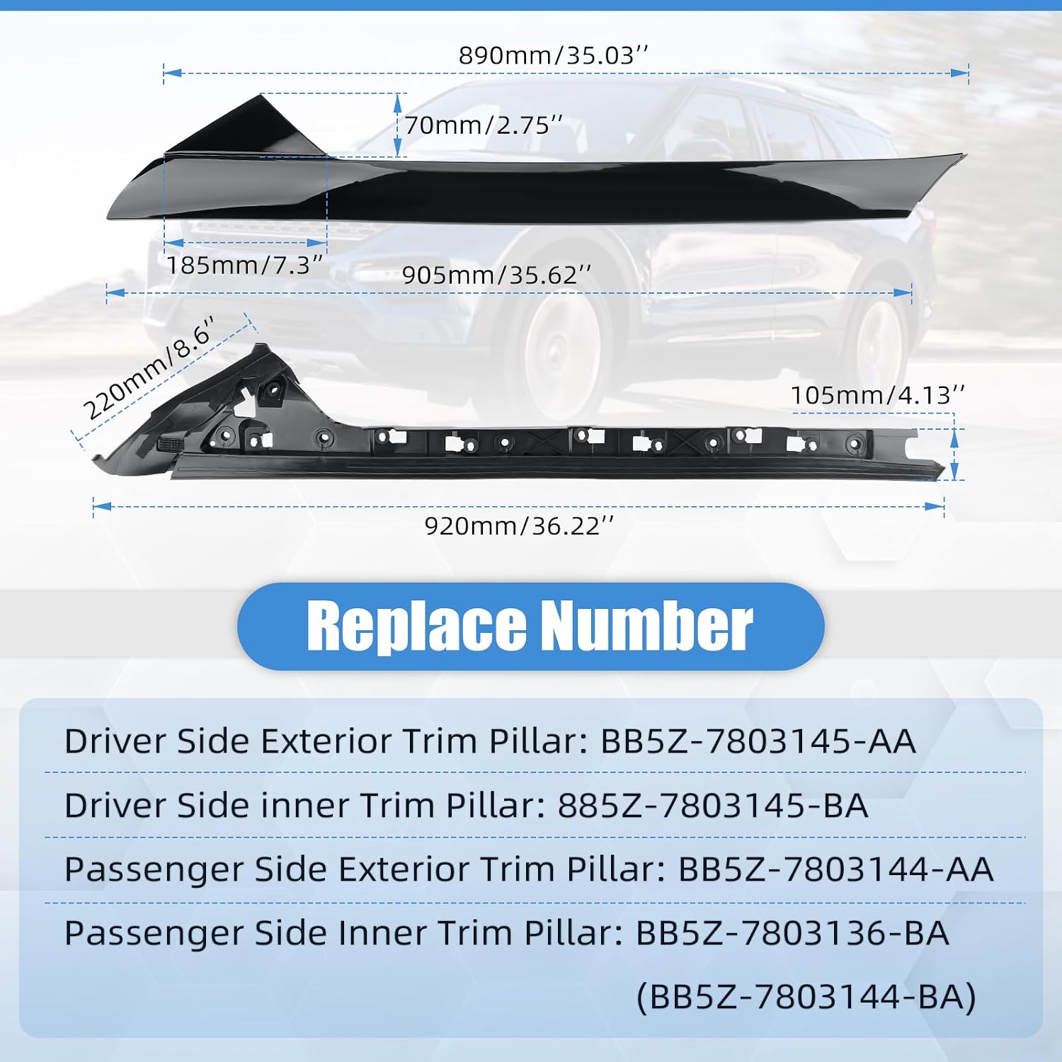 4 PCS Windshield A-Pillar Trim Molding Set Compatible with Ford Explorer 2011-2019,Driver &Passenger Side,Outer & Inner Trim Kit BB5Z-7803145-AA,BB5Z-7803145-BA,BB5Z-7803136-BA，BB5Z-7803144-AA