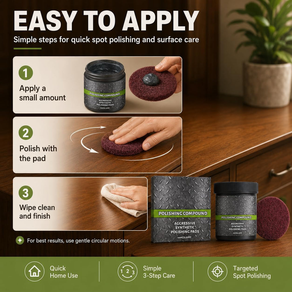 Wood Polishing Compound with Pad, Multi-Surface Scratch Remover and Surface Restoration Polish, Compound and Polish for Wood Furniture, Metal, Tile & Painted Surfaces