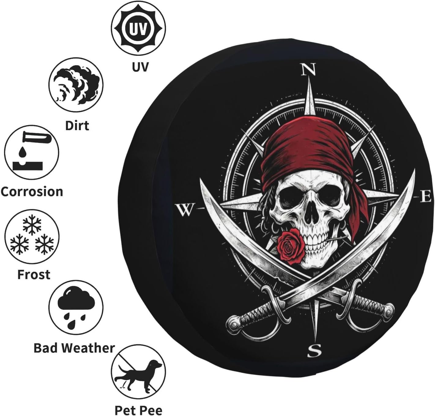 Pirate Skull Compass Spare Tire Cover Waterproof Wheel Cover 15 Inch Universal Fit for Jeep Trailer Rv SUV Truck Uv Protection Dustproof Tire Cover Outdoor Travel Camping Gift