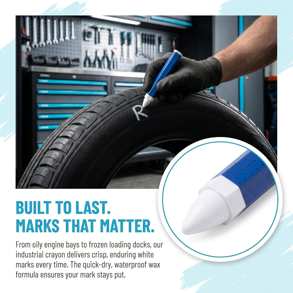 White Tire Marker, Waterproof Marking Crayons Industrial Wax Sticks for Rubber, Tire Chalk Paint Pens for Auto Repair Leather Metal Wood - 1 Pc