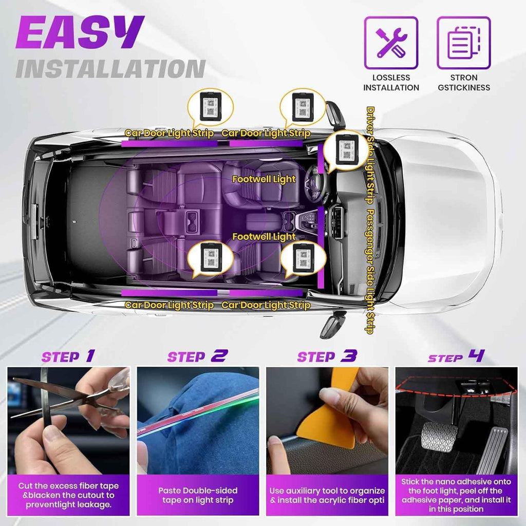 Acrylic Interior Car LED Strip Light with Wireless APP, RGB 18 in 1 with 175 inches 593 LEDs Fiber Optic Ambient Lighting Kits, 16 Million Colors Sound Active Function Car Neon Lights