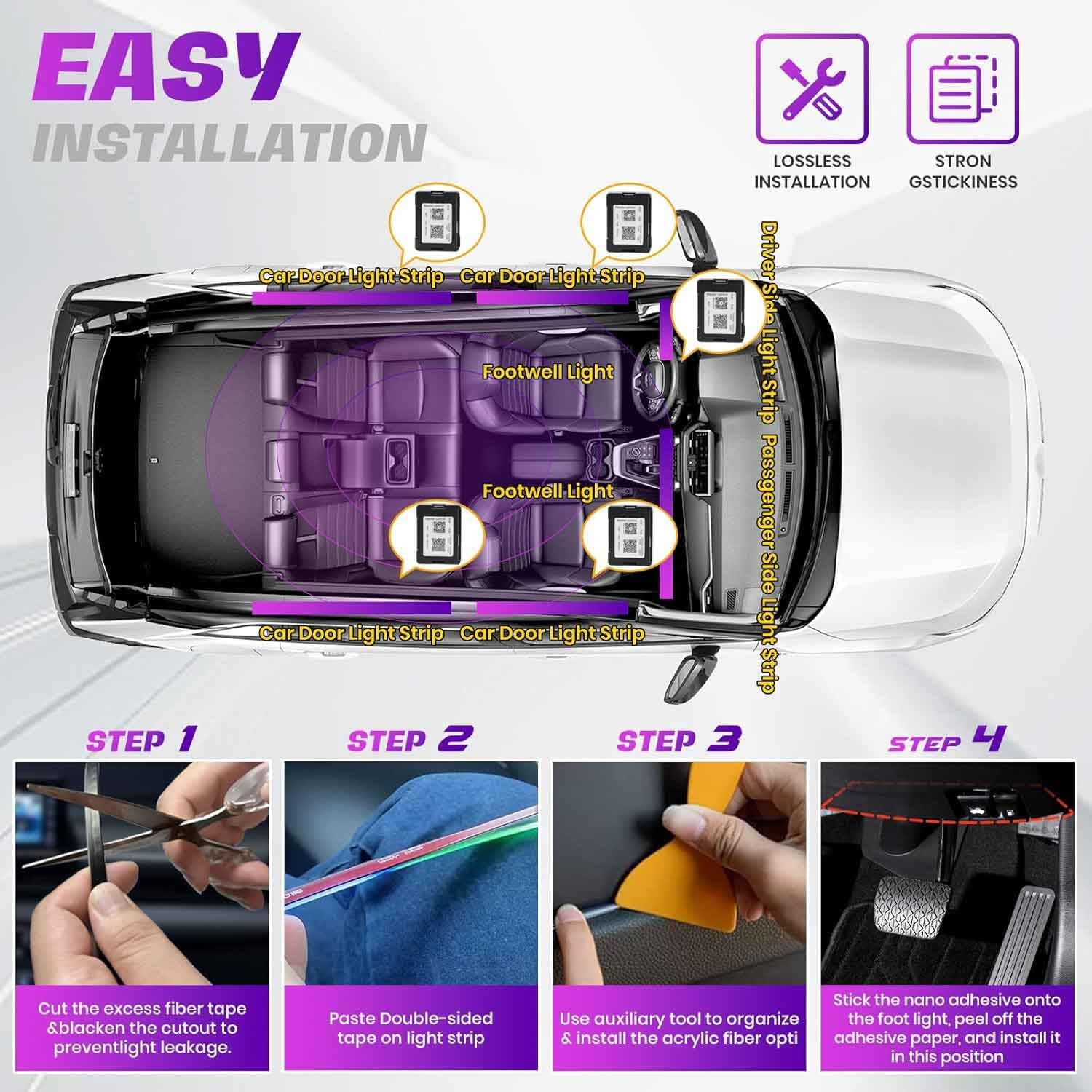 Acrylic Interior Car LED Strip Light with Wireless APP, RGB 18 in 1 with 175 inches 593 LEDs Fiber Optic Ambient Lighting Kits, 16 Million Colors Sound Active Function Car Neon Lights