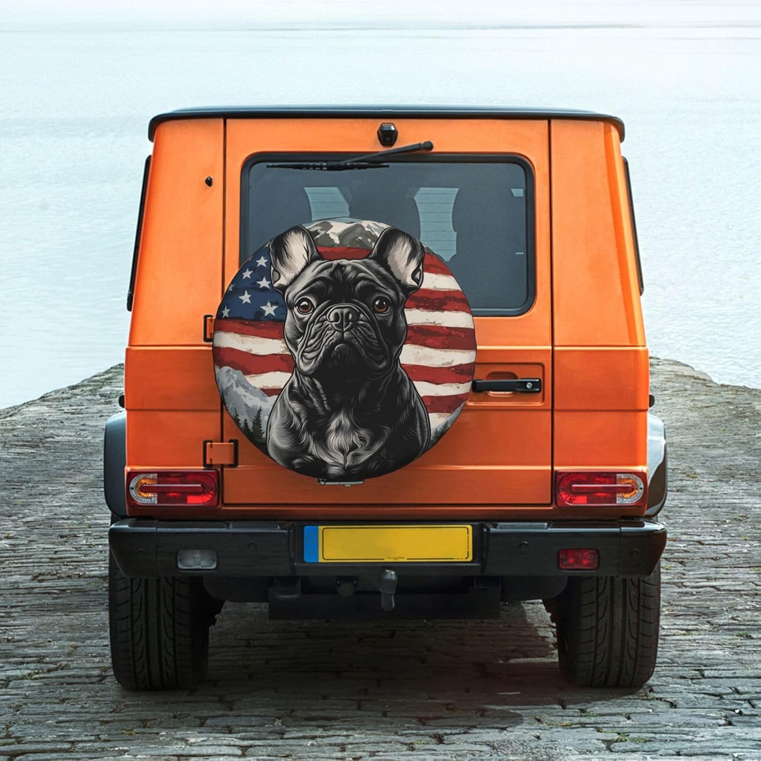 Spare Tire Cover for RV Camper, French Bulldog American Flag Tire Cover Protectors, Weatherproof Universal Wheel Cover for RV Travel Trailer Camper Truck 16in