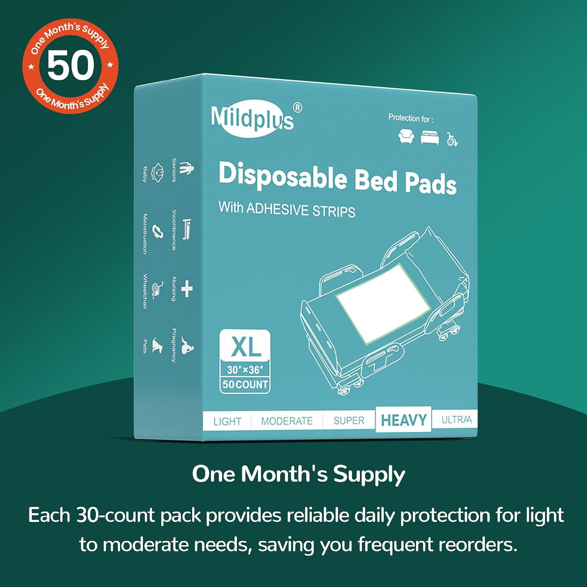 mildplus disposable bed pads with adhesive strip 30" on a desk or shelf