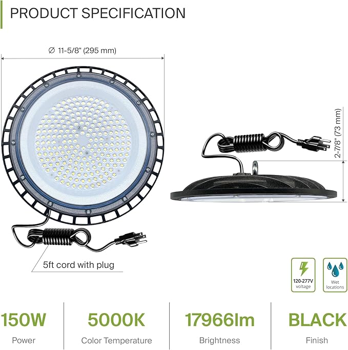 ASD LED High Bay UFO Light Fixture, Commercial Shop Lighting | Plug & Play Cable - Image 2