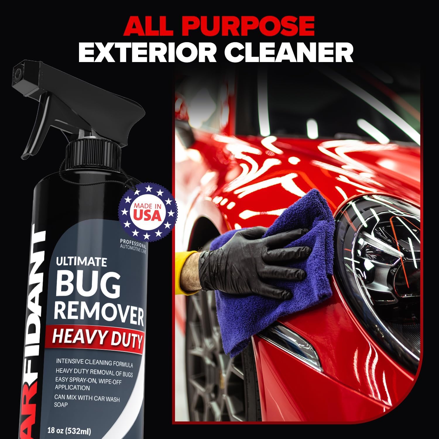 Carfidant Bug Remover Heavy Duty Spray - Cars Exterior Cleaner - Easily and Powerful Clean Bug Splatter, Bird Poop From Paint, Plastic, Rubber, Metal, Chrome, Glass - 18 fl. oz.
