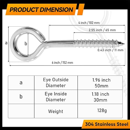 8Pcs 6 Inch Heavy Duty Screw Eyes Hooks, 304 Stainless Steel Self Tapping - Image 4