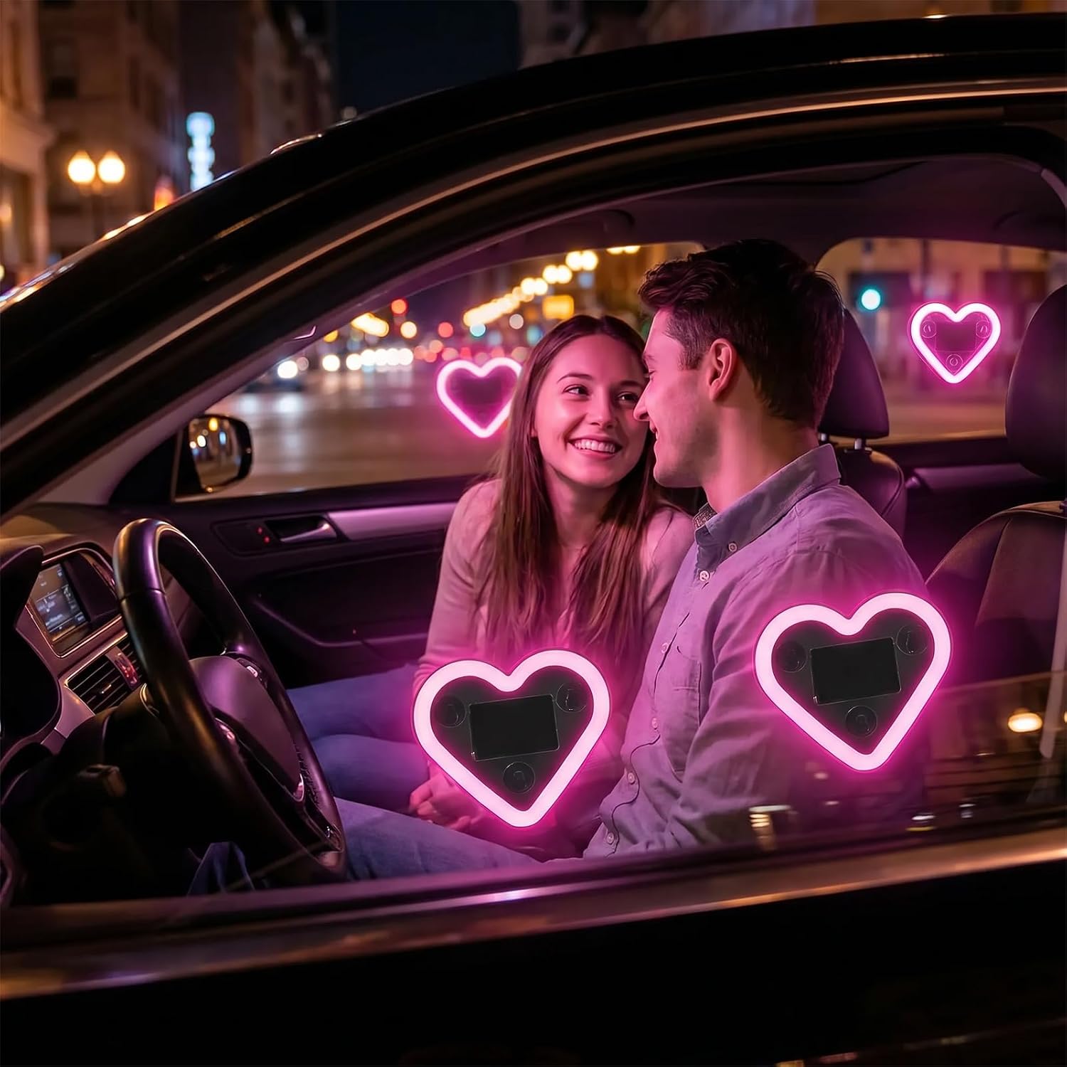 Upgrade Car Light LED Ambient Lights Heart Solar Lights Solar-Powered Heart-Shaped Neon Lights for Car Window Decorative 5 Modes Interior Outdoor Decor (Pink)