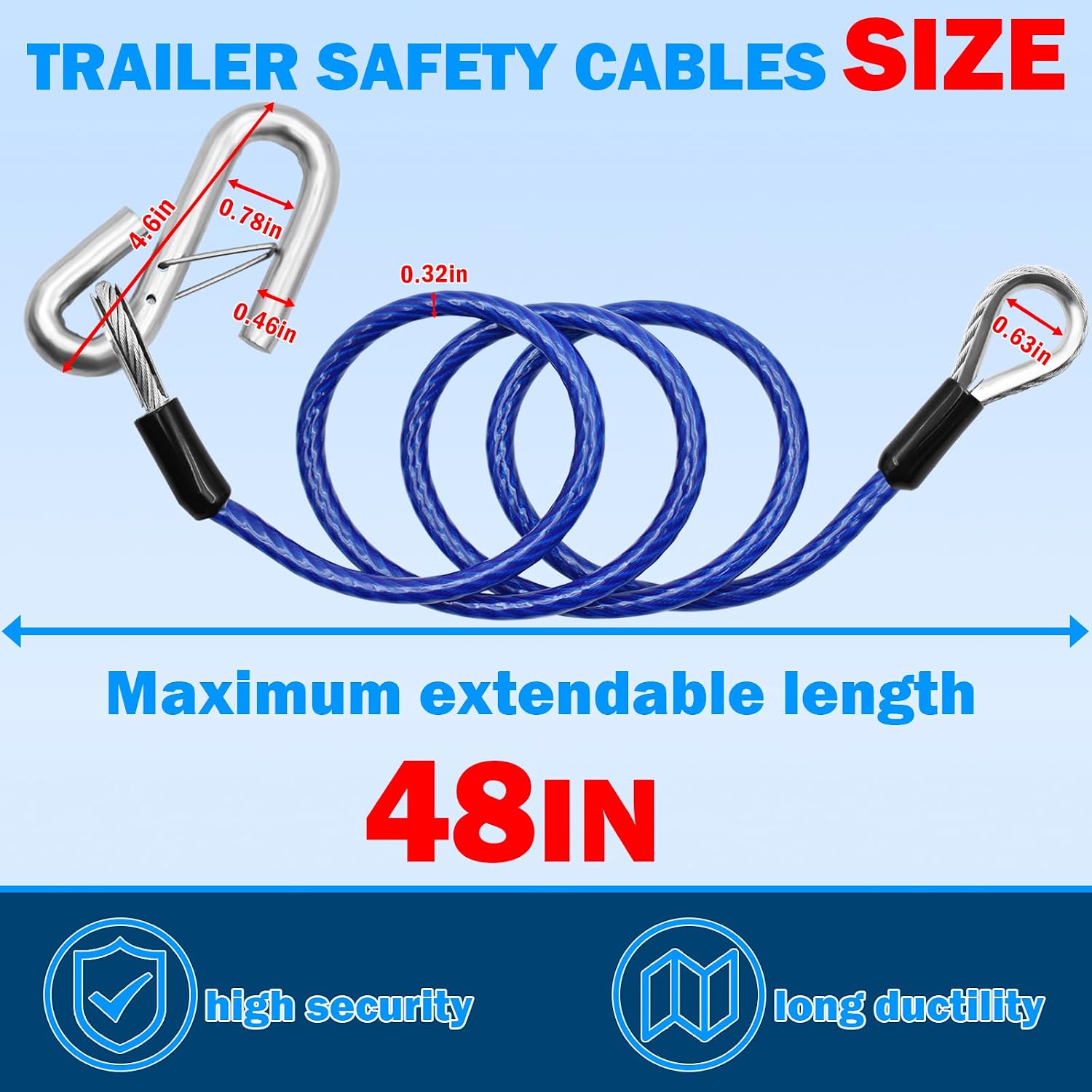 NAZOU 48" Heavy-Duty Trailer Safety Cables Safety Chains with Hooks, Trailer Chain Extension, Trailer Brakeaway Cable, Boat Winch Strap with Hook (1/3Inch,Pack of 2)