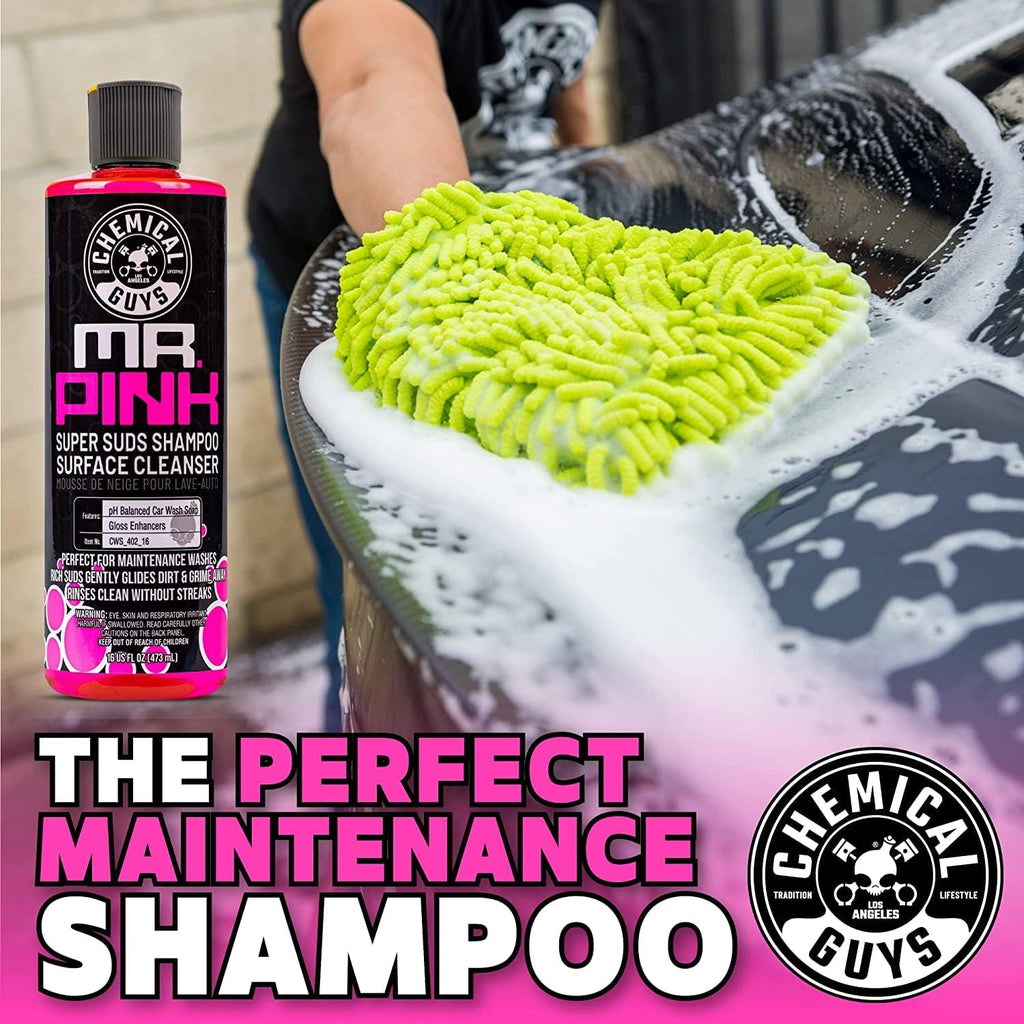 Chemical Guys Mr. Pink Car Wash Soap & Chenille Wash Mitt Kit - 16 oz High Foaming Auto Shampoo with Plush Microfiber Mitt - Safe for Cars, Trucks, Motorcycles, and RVs - Scratch-Free Cleaning Combo