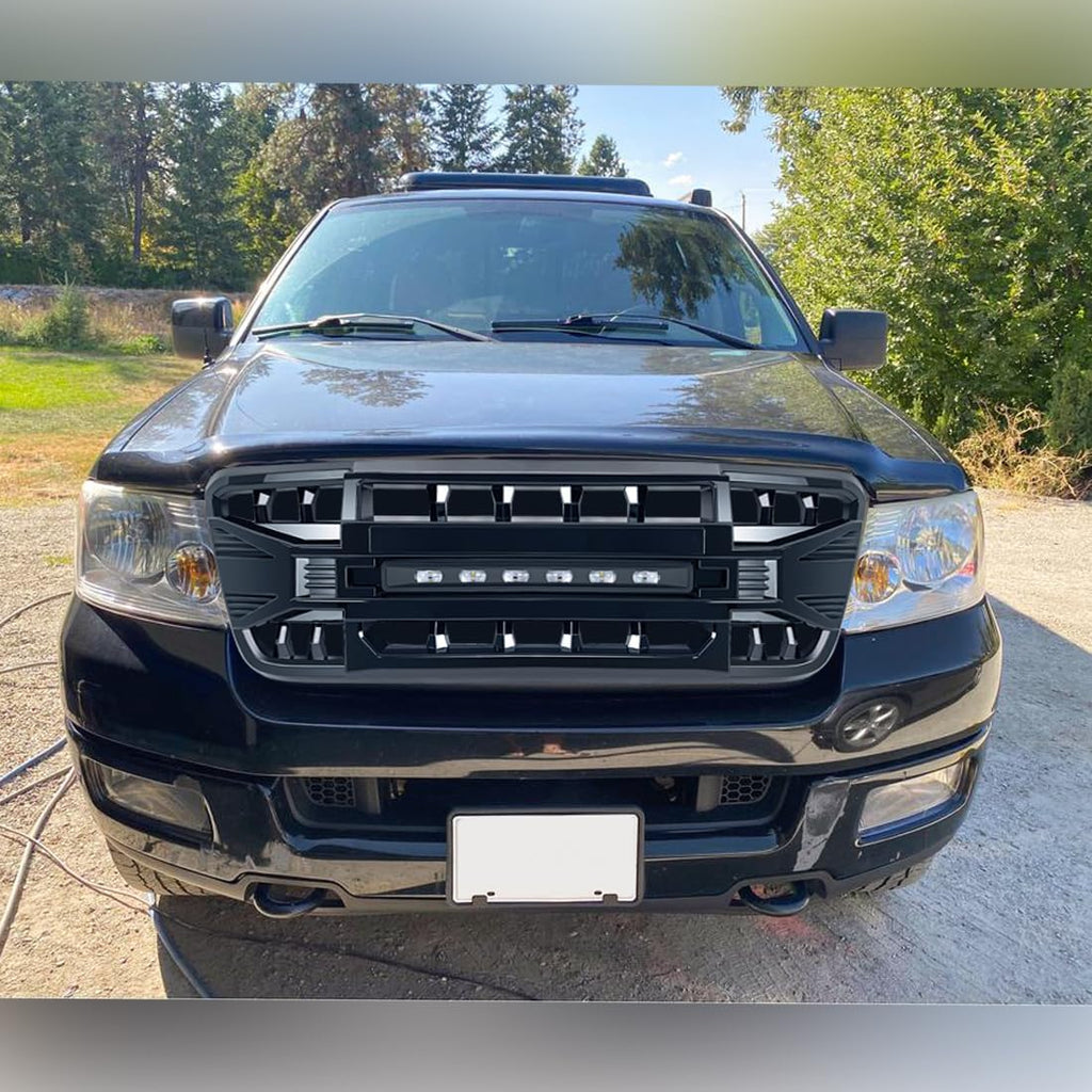MEGAIE Front Grill Replacement for F150 2004-2008, Glossy Black Bumper Grille w/Off-Road Lights