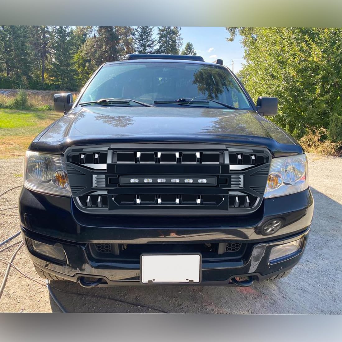 MEGAIE Front Grill Replacement for F150 2004-2008, Glossy Black Bumper Grille w/Off-Road Lights