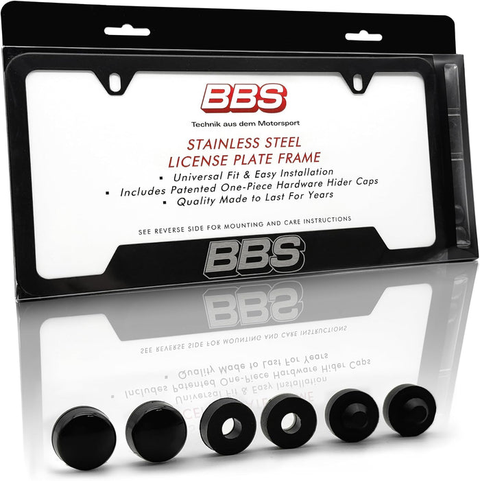 BBS Official Black Stainless Steel License Plate Frame – Made in USA – Premium