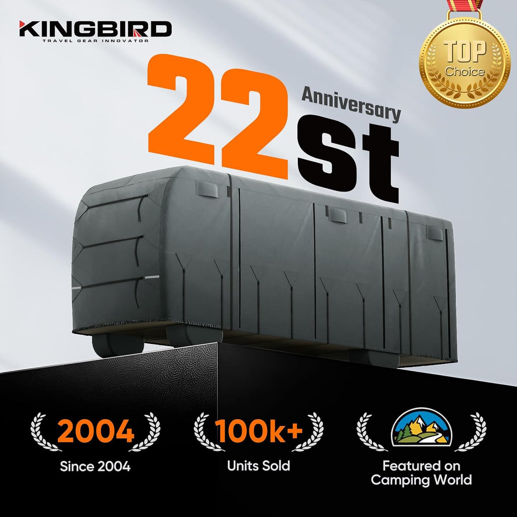 KING BIRD Standard RV Cover, Fits 30-33ft Class A Motorhome, Heavy Duty Snow Protection, with Adhesive Repair Patches,Windproof Straps&Tire Covers