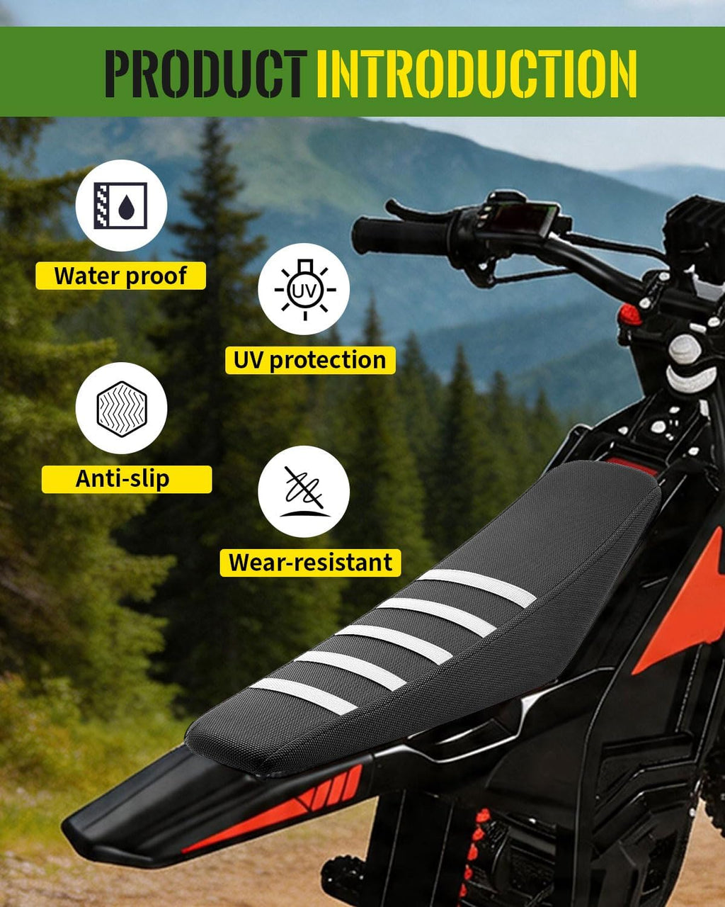 Seat Cover Fit for Yozma in 10, White Stripe Non-Slip Motorcycle Cushion Cover, for Electric Dirt Bike Ebike