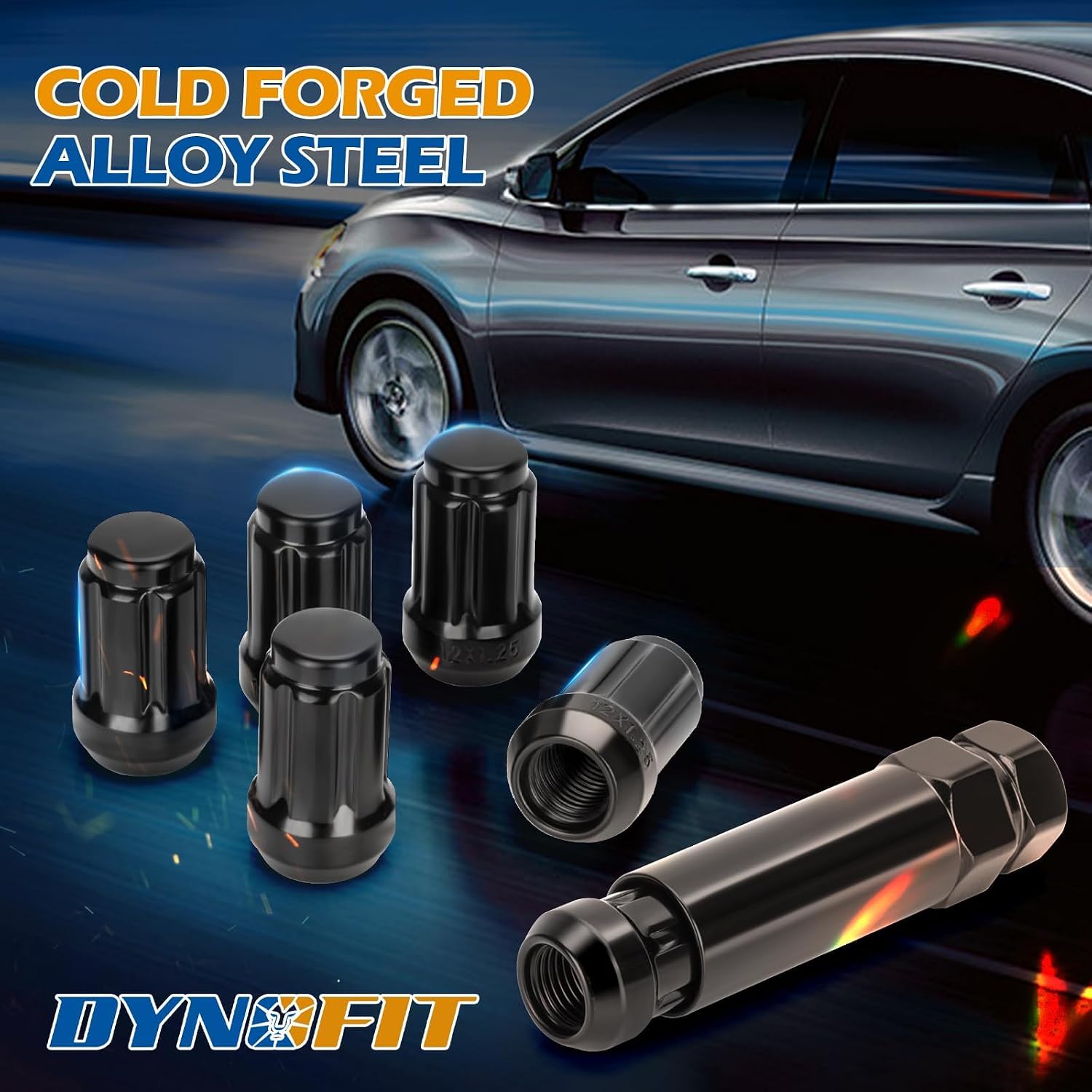 Dynofit M12x1.25 Black Lug Nuts Set for 350Z 370Z Altima Infinit Q50 Q60, 20pcs Closed End Spline Wheel Nuts fit Subaru Forester BRZ Outback WRX, 12mm-1.25 Conical Seat Lugnut for Aftermarket Wheel