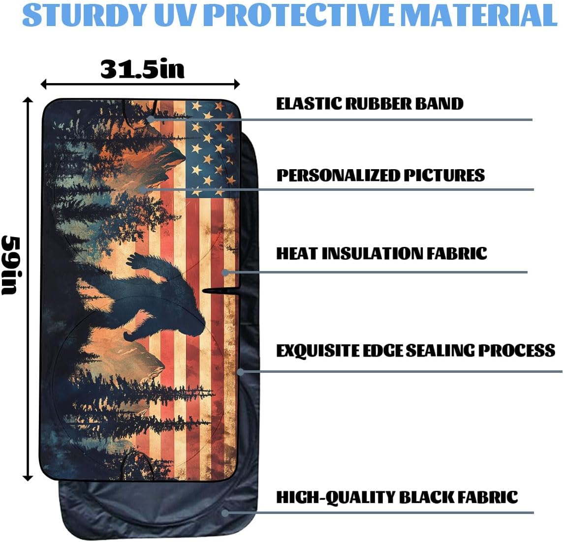 Bigfoot Mountain Car Windshield Sun Shade - American Flag Heatshield Blocks UV Rays Sun Visor Protector for Sedan, Truck, SUV - 59" L x 31.5" W