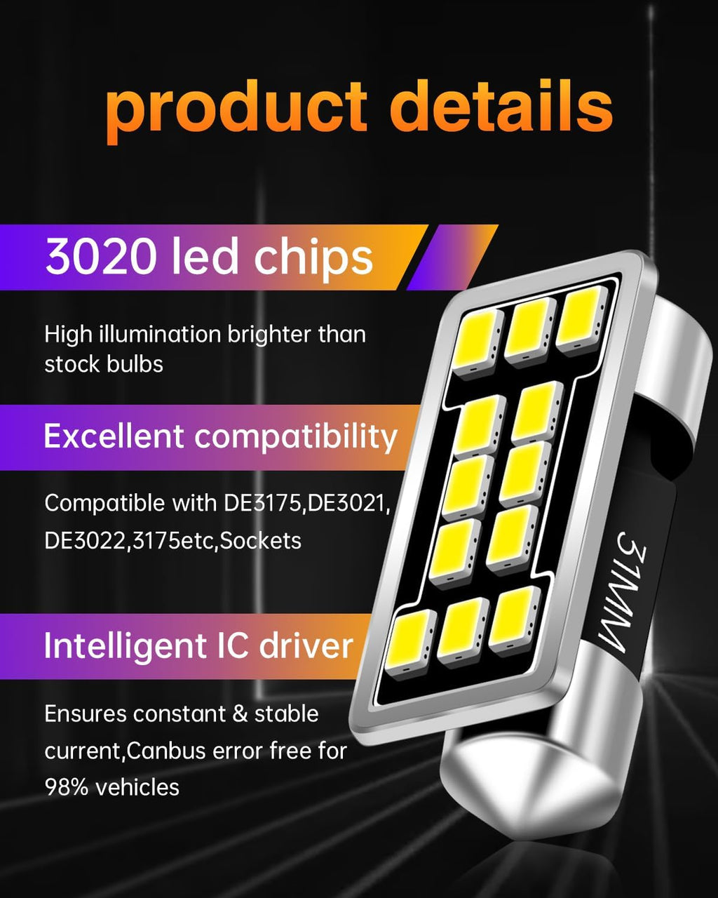 DE3175 DE3021 LED Dome Light Bulbs 640 Lumens Extremely Bright 3020 12-EX Chipsets 1.25 inches 31mm DE3022 3175 LED Bulbs for Interior Map Door Lights,Xenon White，Pack of 2