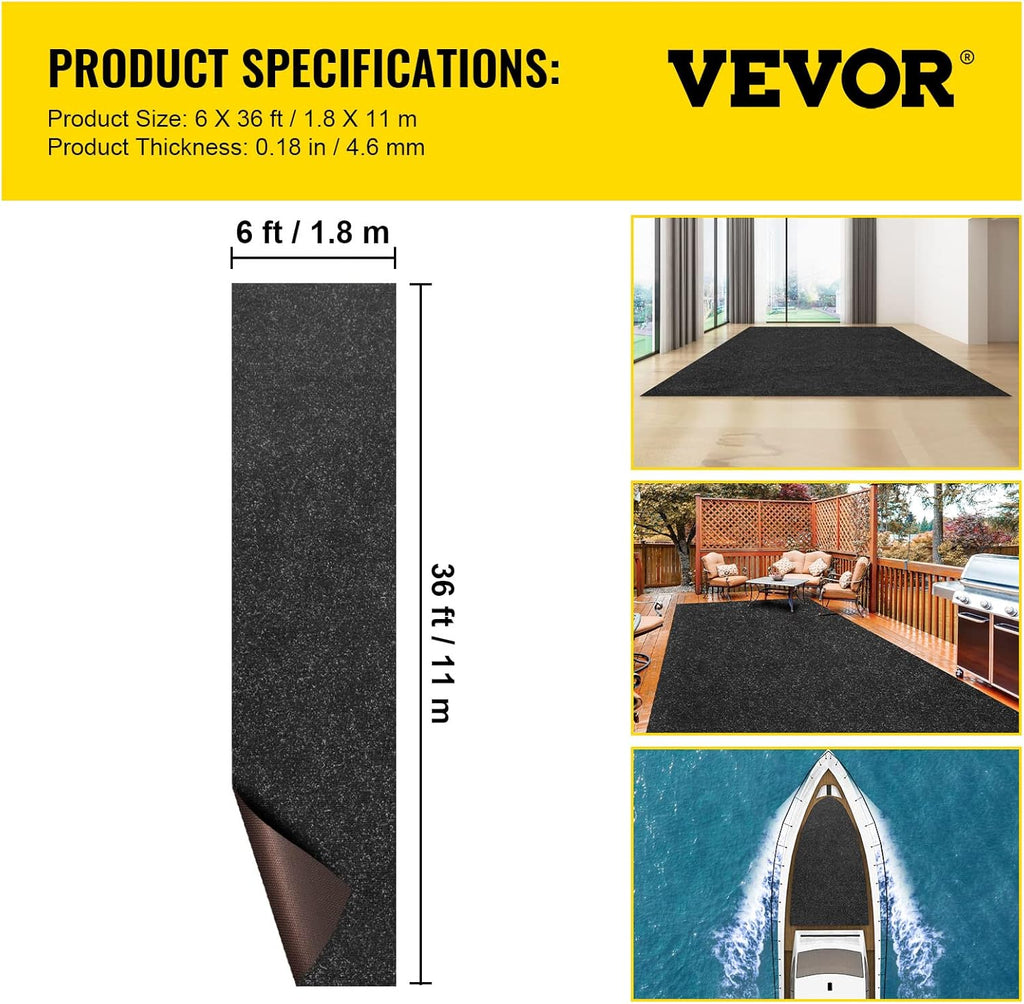 VEVOR Marine Carpet, 6 x 36 ft Indoor Outdoor Carpet Charcoal Black Marine Grade Boat Carpet, Marine Carpeting with Water-Proof TPR Backing Boat Carpeting Roll for Home Patio Porch