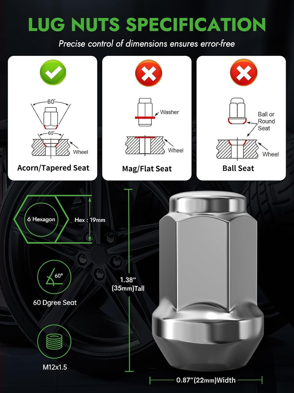 AUTOPTIM M12x1.5 Lug Nuts - Replacement for Ford Fusion Focus Escape, Chevy Equinox Malibu, Jeep Compass Patriot, Honda Accord Civic, Sonata Elantra Aftermarket Wheel, 20PCS Chrome Closed End Lug Nut