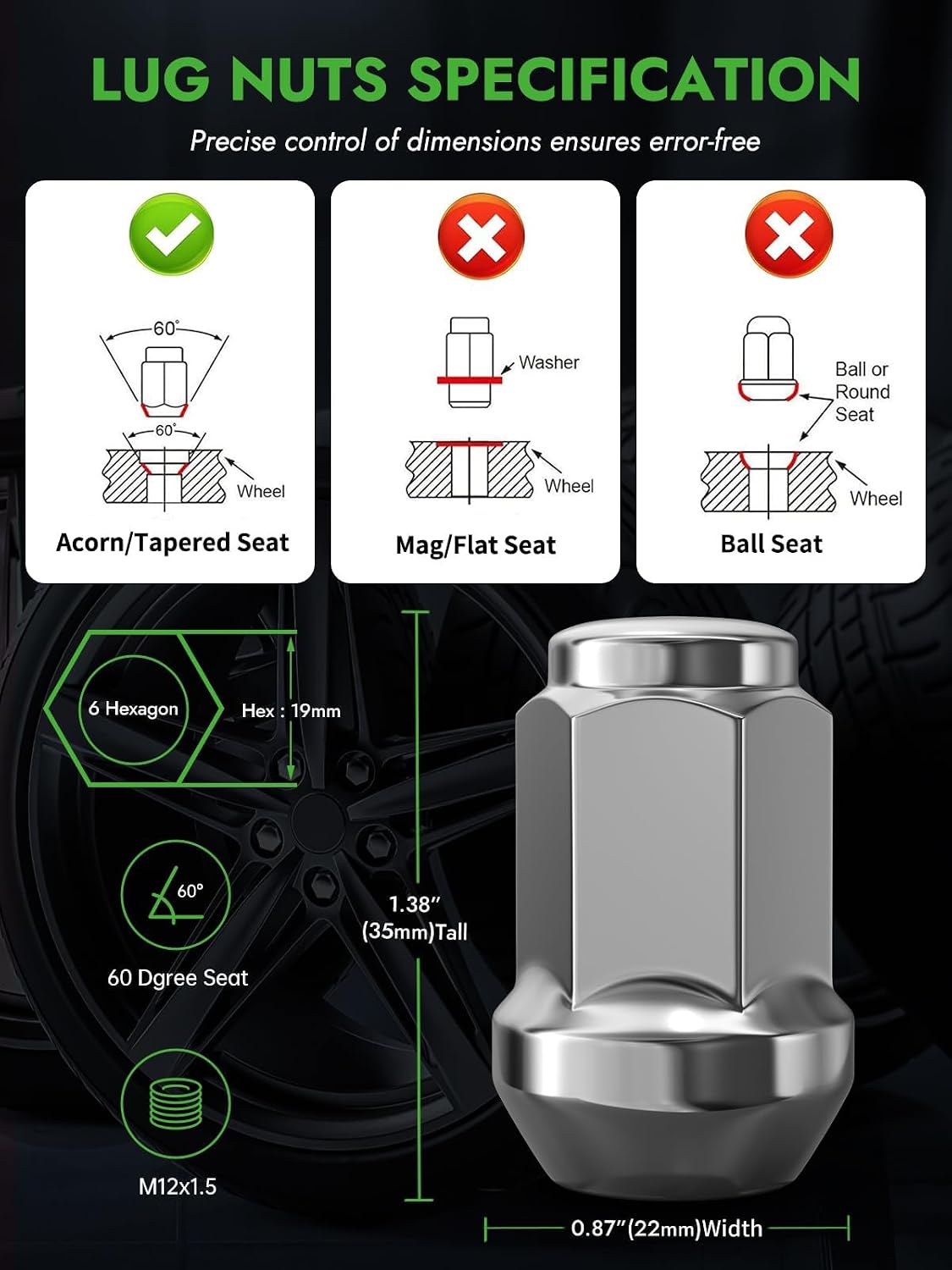 AUTOPTIM M12x1.5 Lug Nuts - Replacement for Ford Fusion Focus Escape, Chevy Equinox Malibu, Jeep Compass Patriot, Honda Accord Civic, Sonata Elantra Aftermarket Wheel, 20PCS Chrome Closed End Lug Nut