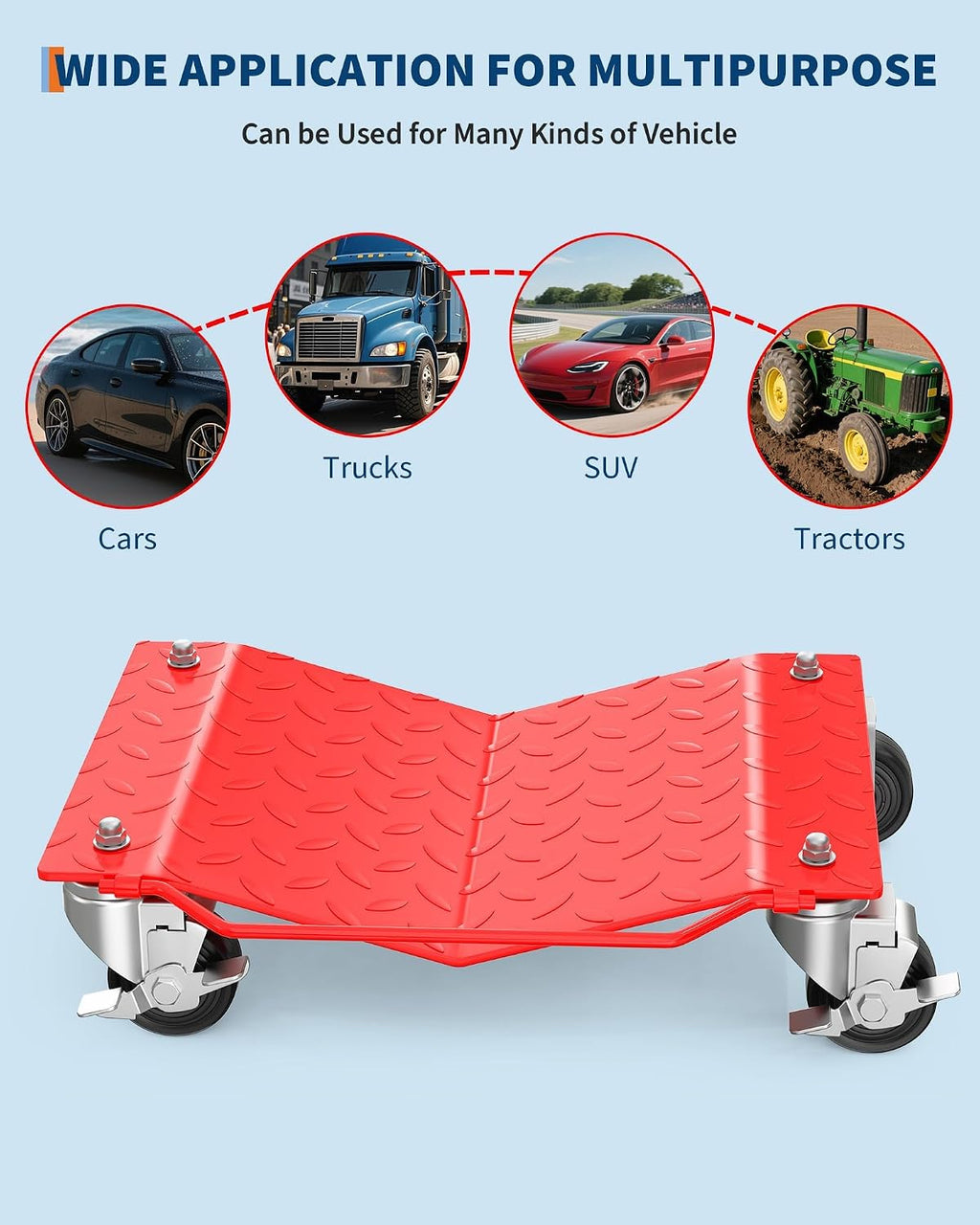 2 Pack 3000lbs Car Wheel Dolly with Brakes, Heavy Duty Vehicle Skates for Effortless Moving of Cars, Trucks, Trailers, Motorcycles, Garage Tools, Red