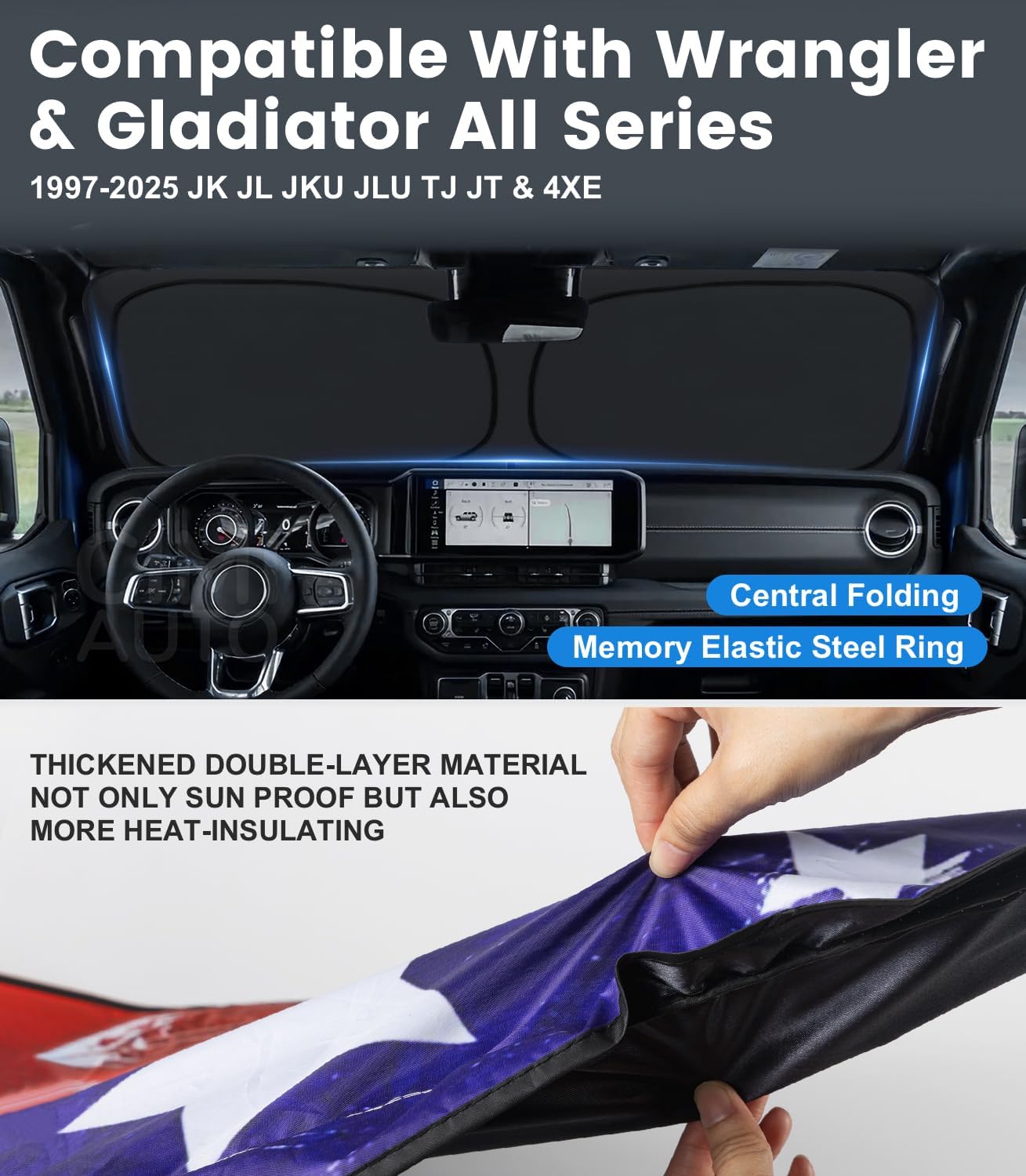 Shade Heat Shield for Jeep Wrangler Windshield Sun Shade,Art USA Flag Sunshade Compatible with Jeep Wrangler Tj Jk Jl Jku Jlu &Gladiator Jt Foldable Windshield Sun Visor Blocks UV Rays 1997-2025